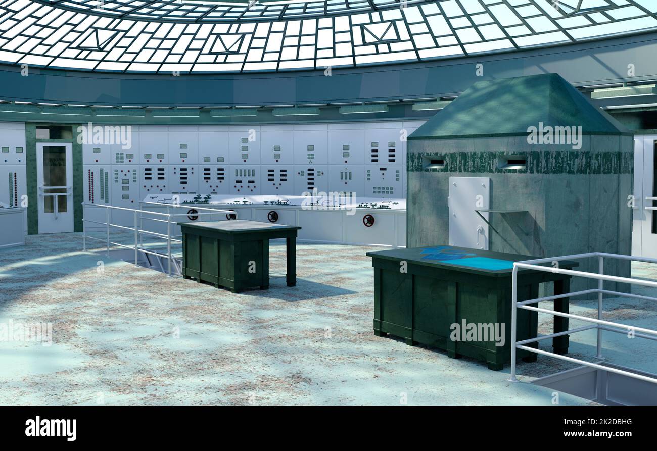 3D rendering della sala di controllo della centrale nucleare Foto Stock