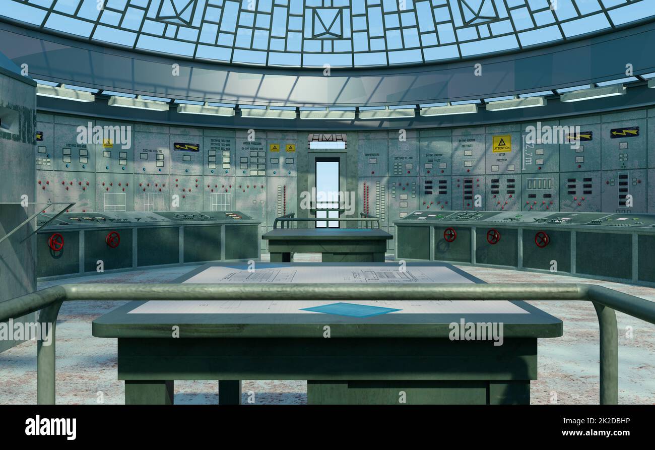 3D rendering della sala di controllo della centrale nucleare Foto Stock