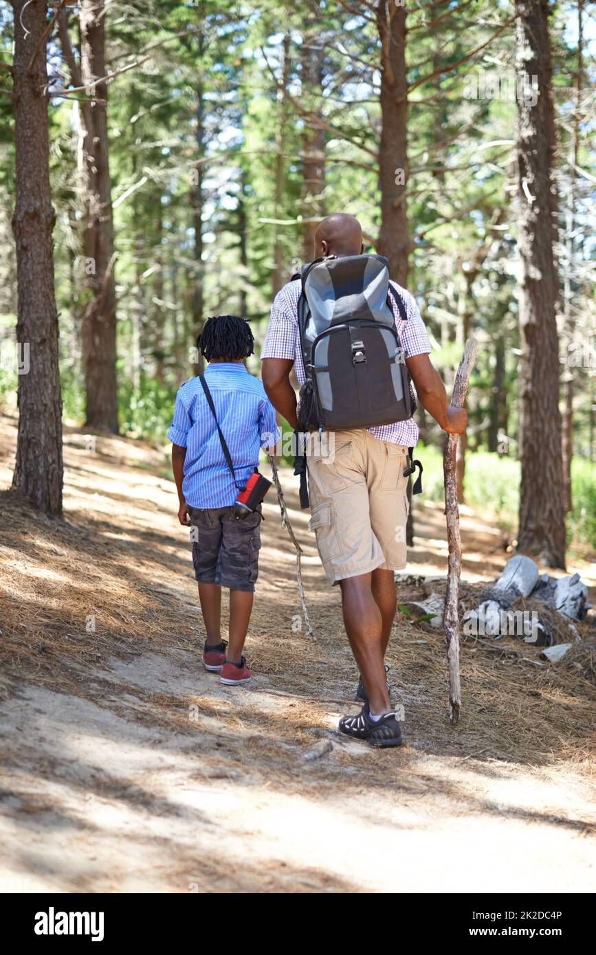 Fare una passeggiata attraverso i boschi. Felice padre africano e figlio che parlano una passeggiata nei boschi insieme. Foto Stock