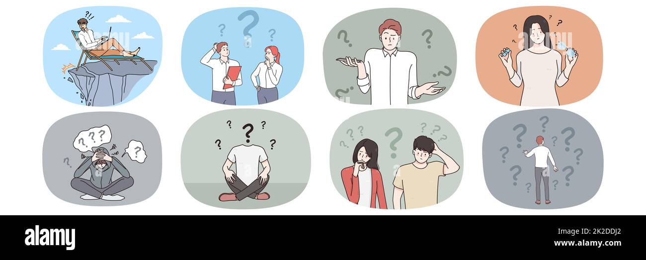 Gruppo di persone confuse alla ricerca di una soluzione Foto Stock