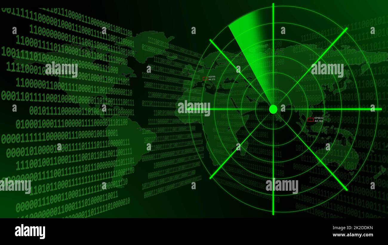 Radar verde con una mappa del mondo dietro righe di codice binario Foto Stock