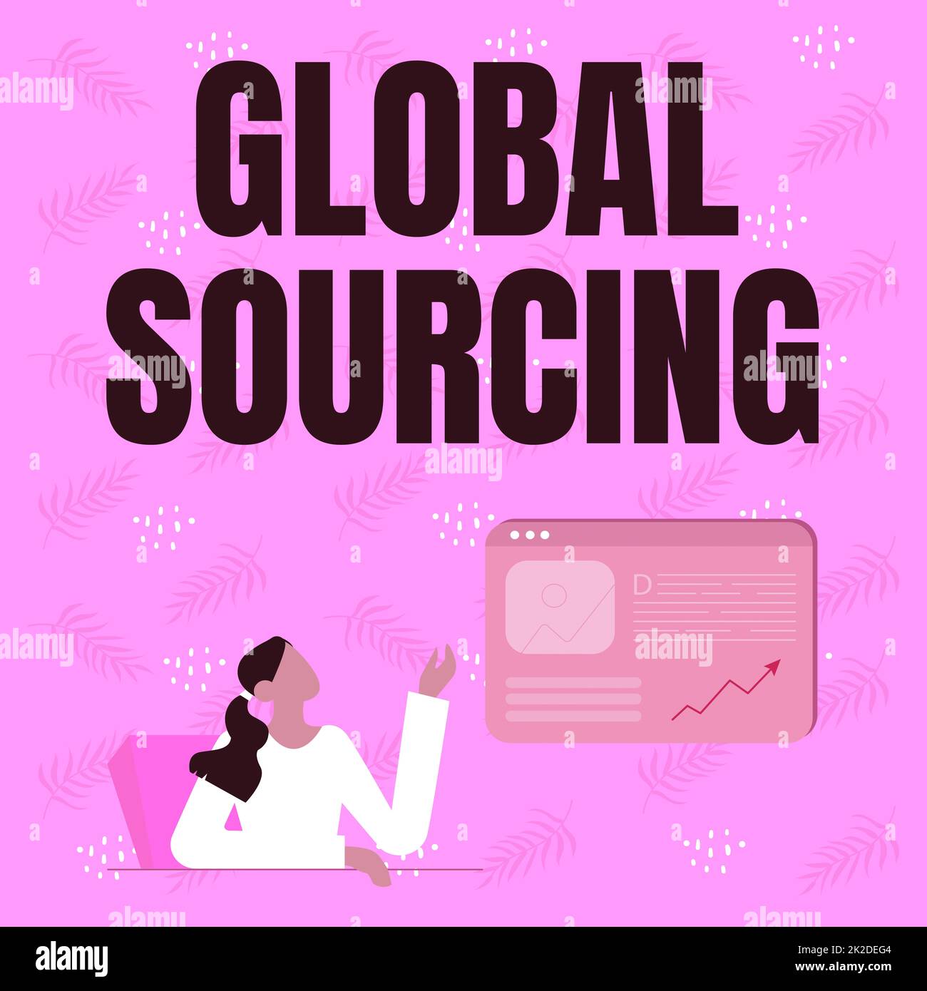 Segno di scrittura a mano Global Sourcing. Fotografia concettuale pratica di sourcing dal mercato globale per le merci linea disegno per la signora seduta Presentazione di nuove idee con schermo del browser Web Foto Stock