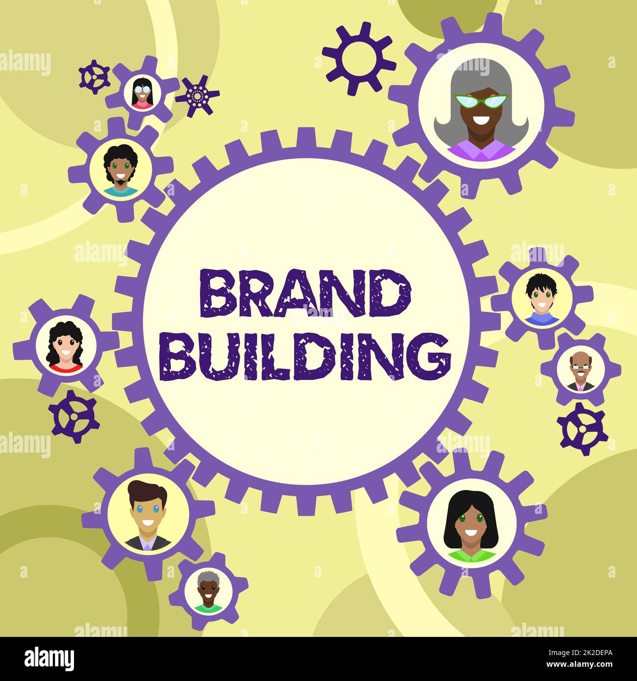 Didascalia di testo che presenta Brand Building. Panoramica aziendale generare consapevolezza stabilire e promuovere i colleghi aziendali presentati all'interno di ruote dentate che mostrano la definizione di lavoro di squadra Foto Stock