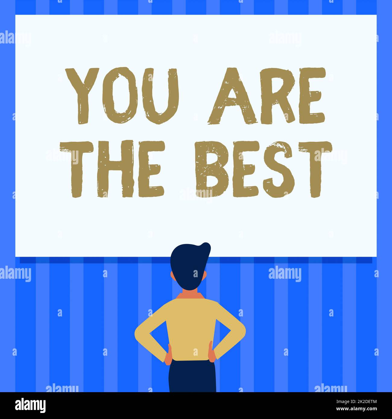 Segno che mostra che sei il migliore. Panoramica aziendale sei il migliore uomo disegno in piedi mani N fianchi guardando una lavagna bianca vuota. Foto Stock