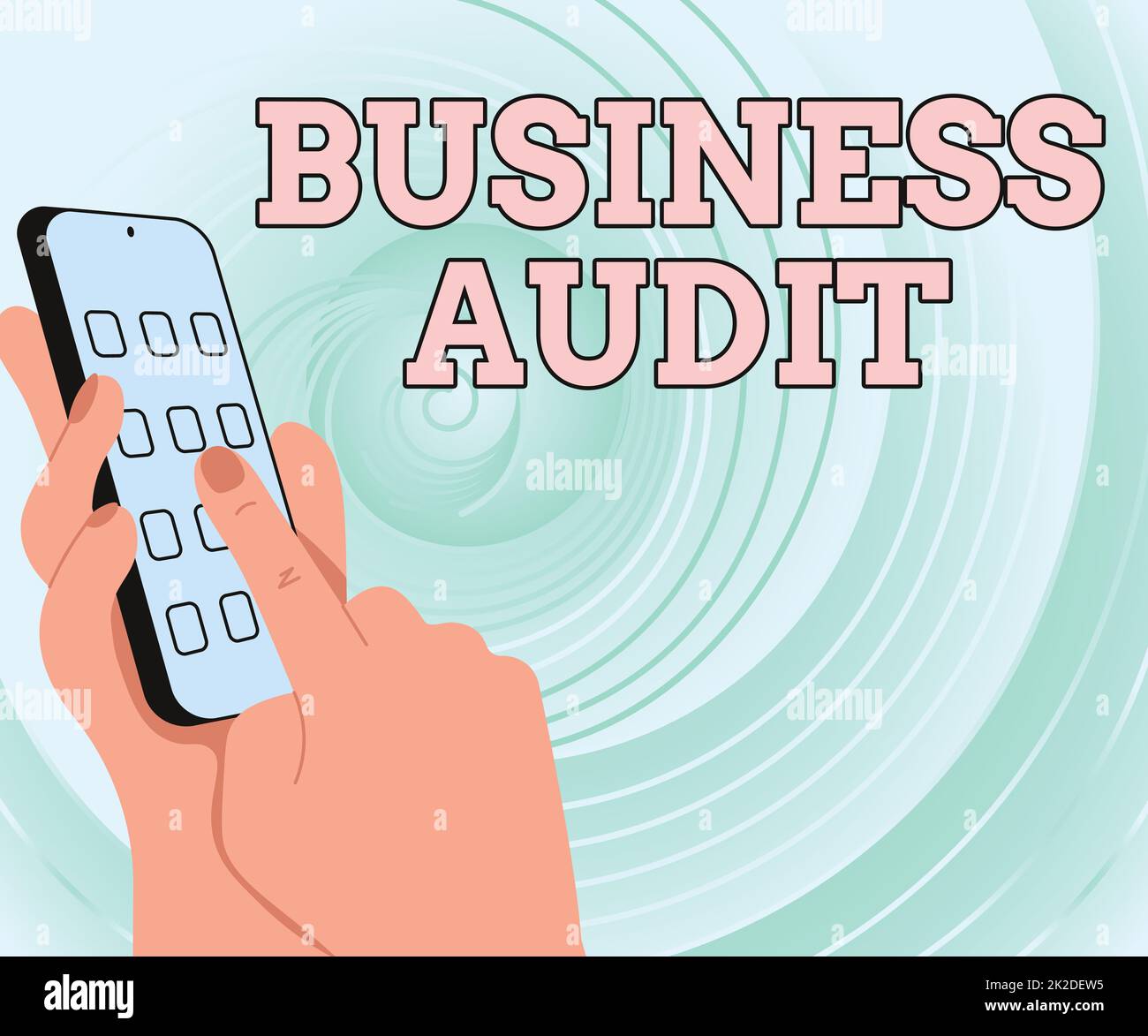 Visualizzazione concettuale Business Audit. Parola per l'esame del rapporto finanziario di un'organizzazione Hands Holding dispositivo tecnologico premendo il pulsante applicazione. Foto Stock
