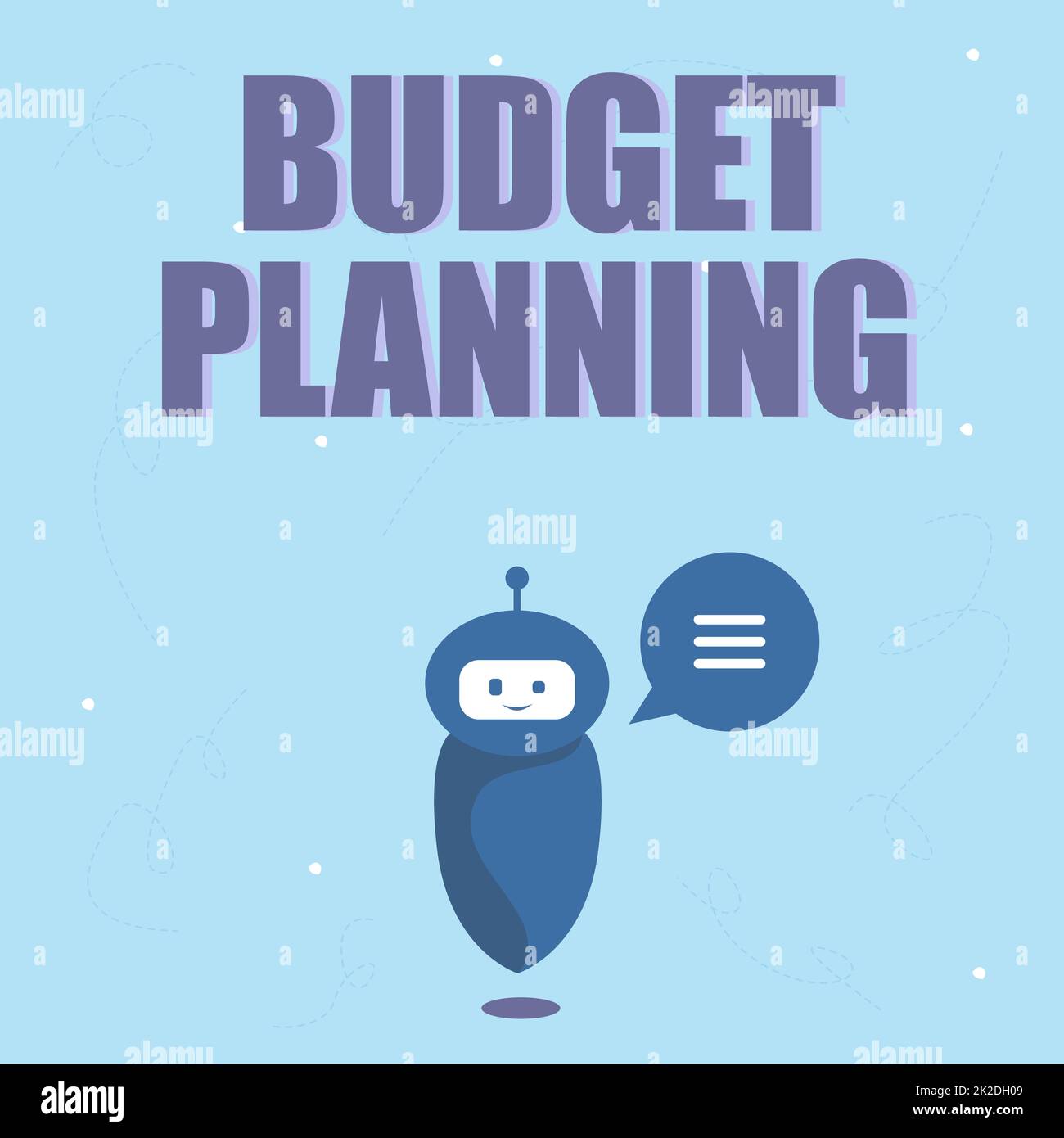 Didascalia di testo che presenta la pianificazione del budget. Approccio aziendale la descrizione scritta sulle spese correnti e future il robot fluttuante carino ci dice nuove meravigliose informazioni in Una chat cloud. Foto Stock