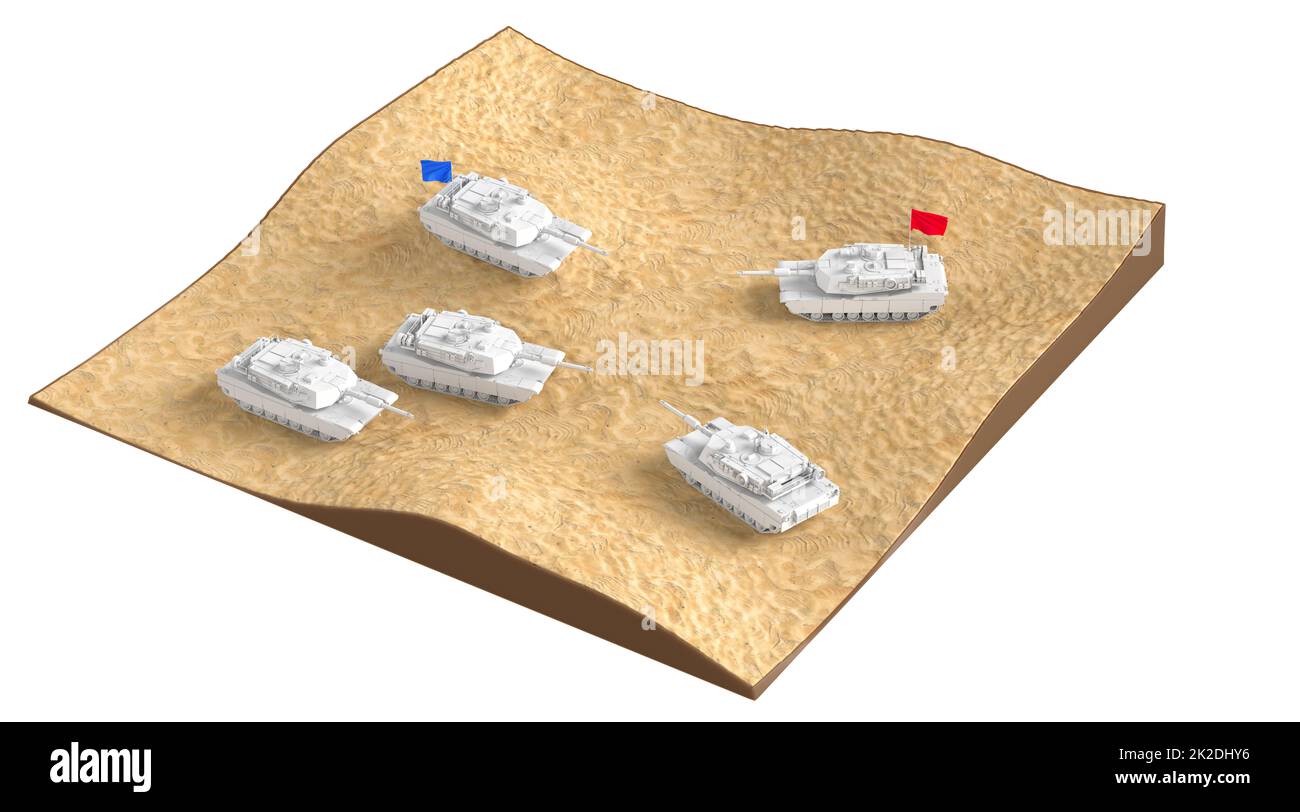 Due squadre di carri armati su un campo di battaglia. Concetto militare. 3D illustrazione Foto Stock