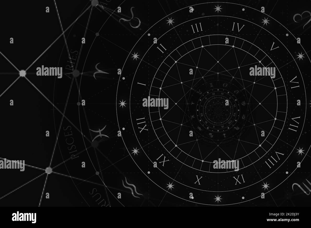 Sfondo astrologico con segni zodiacali e simboli. Foto Stock