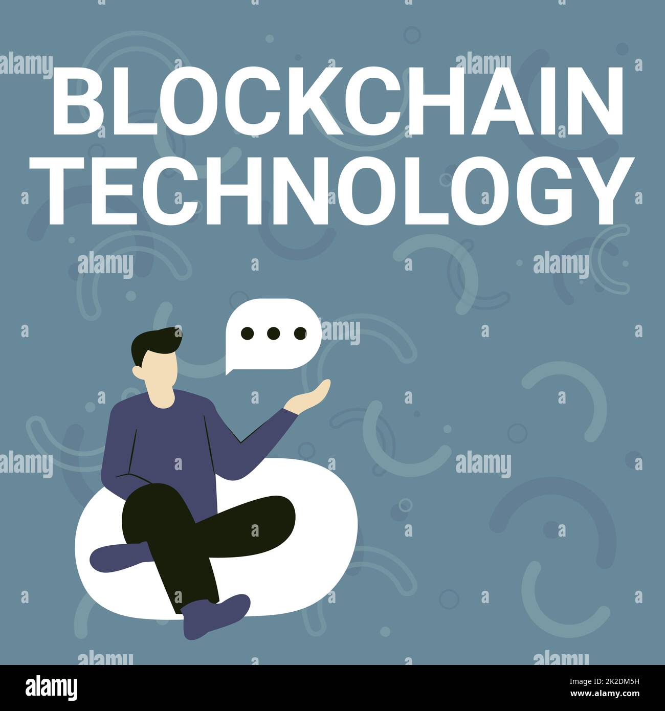 Didascalia di testo che presenta la tecnologia Block Chain. Word written on Digital ledger stored in a Distributed network Illustrazione di un uomo d'affari seduto su Soft divano sedia parlare. Foto Stock