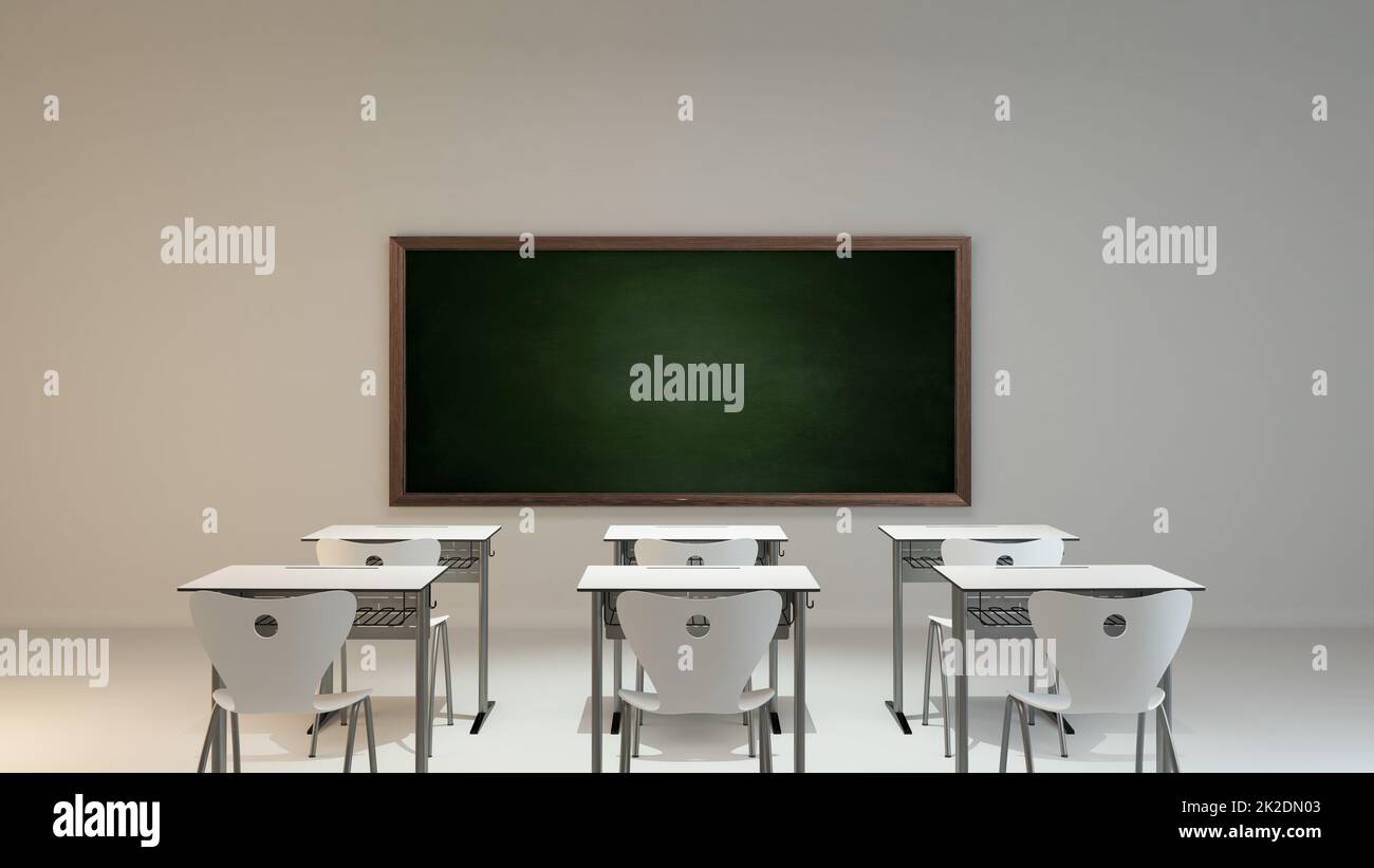 Concetto di classe moderna vuota con mobili di scuola bianca sfondo 3D rendering Foto Stock