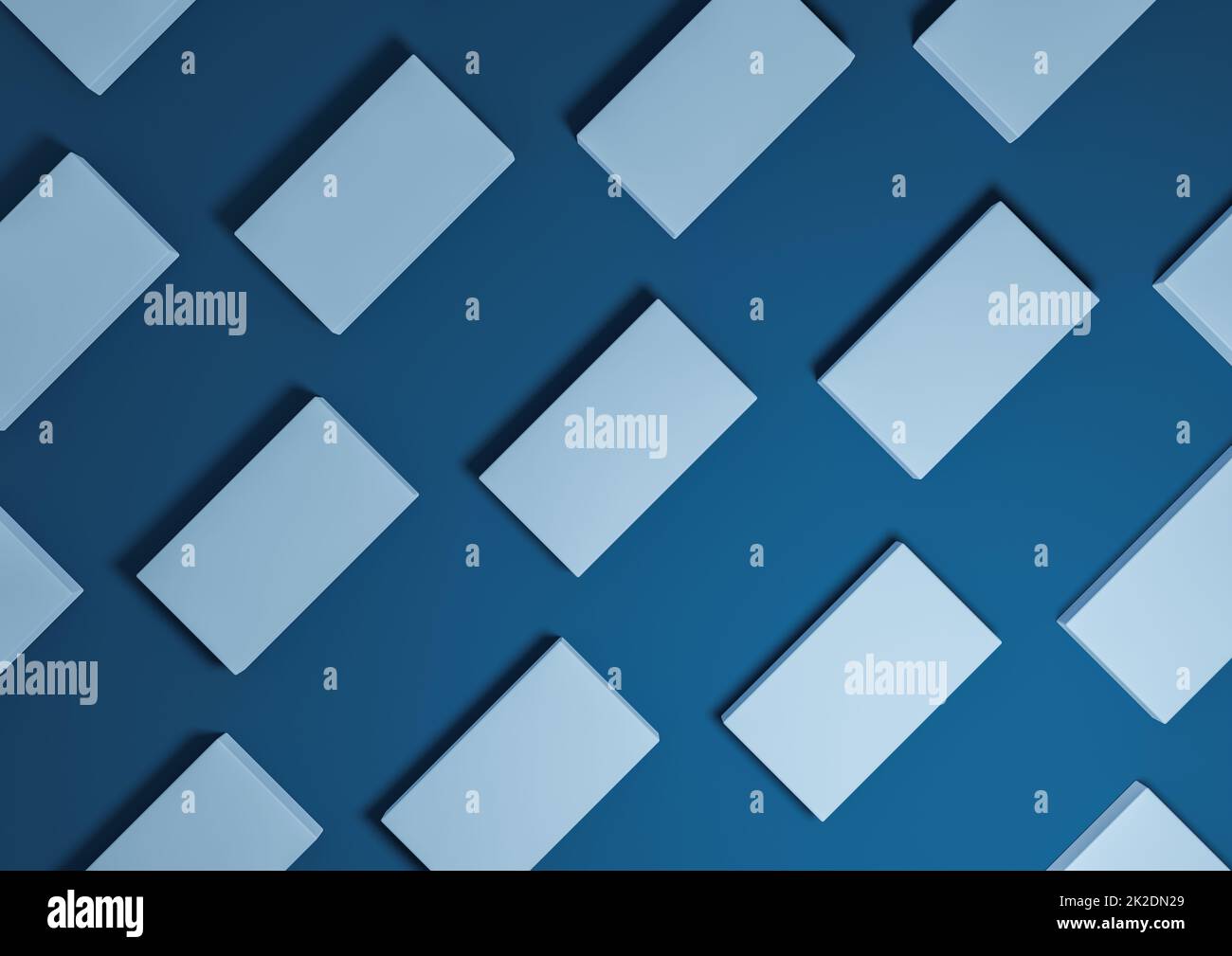 Scuro, blu acqua, 3D rendono minimal, semplice, moderno, vista dall'alto schermo piatto del prodotto da sopra lo sfondo con i supporti quadrati ripetitivi in un motivo Foto Stock