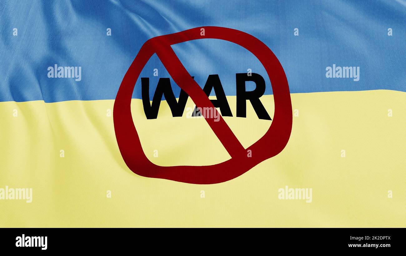Ucraina bandiera sventolare animazione con testo e simbolo No War Foto Stock