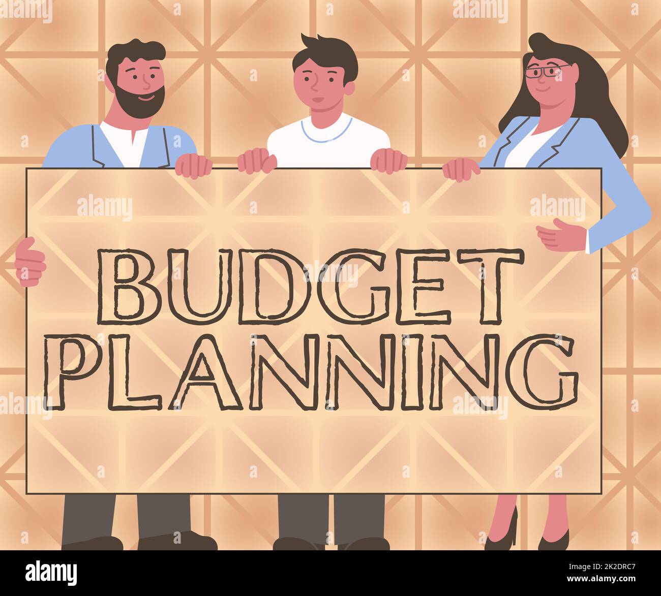 Ispirazione che mostra il segno Pianificazione del budget. Business showcase la descrizione scritta sulle spese correnti e future tre colleghi che Holding Presentation Board mostrano nuove idee. Foto Stock