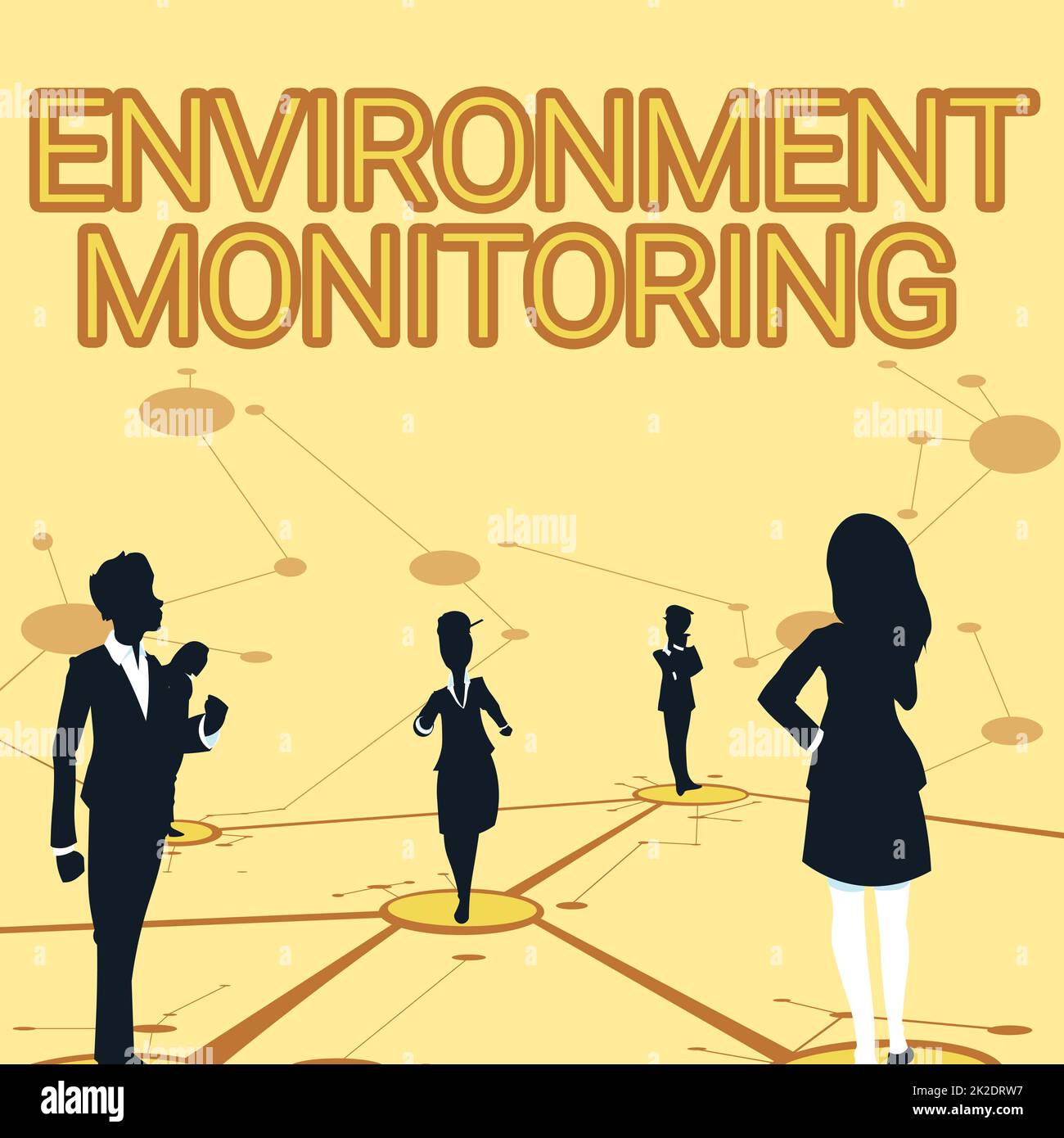 Monitoraggio concettuale dell'ambiente di visualizzazione. Foto concettuale osservare e studiare le condizioni dell'ambiente diversi membri del team in piedi pensiero separato linee connesse sul pavimento. Foto Stock
