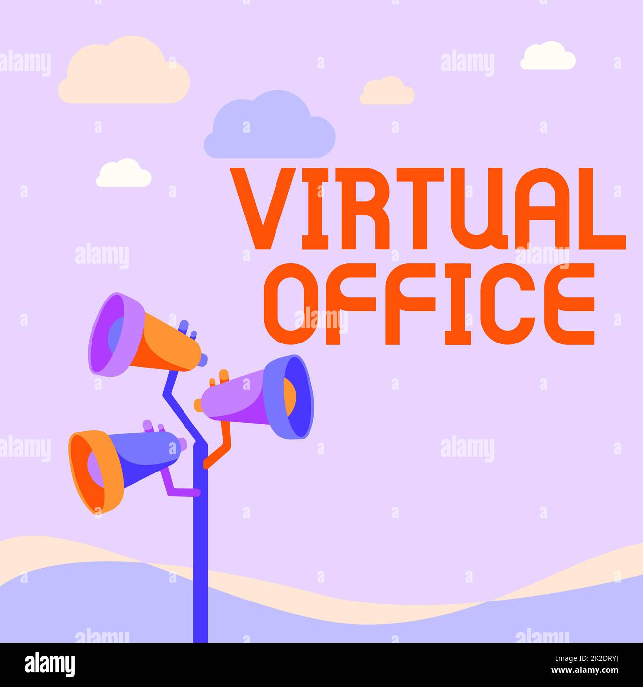 Ispirazione che mostra il segno Virtual Office. Word for Virtual Office Pole megafoni disegno fare annuncio a uno spazio aperto. Foto Stock