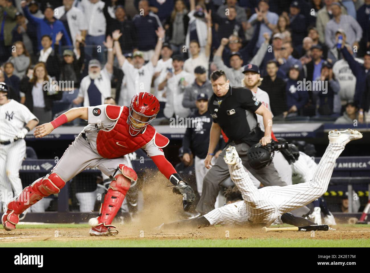 New York City, Stati Uniti. 22nd Set, 2022. New York Yankees Marwin Gonzalez segna un successo di Josh Donaldson per dare agli Yankees una vittoria di $5-4 sui Boston Red Sox allo Yankee Stadium di New York City giovedì 22 settembre 2022. La vittoria invia gli Yankees nei playoff post-stagione. Foto di John Angelillo/UPI Credit: UPI/Alamy Live News Foto Stock