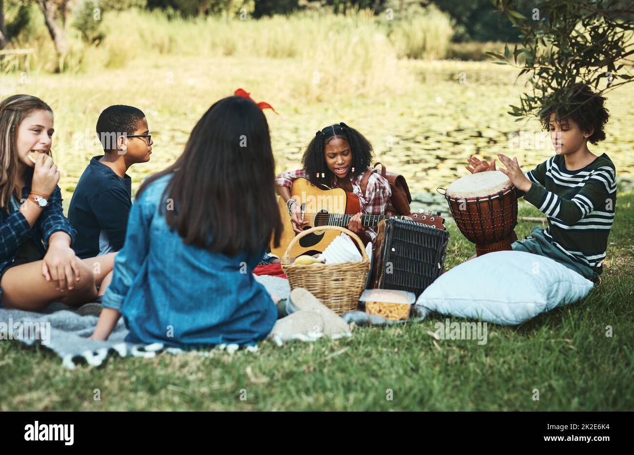 Quale canzone dovremmo suonare dopo. Girato di un gruppo di adolescenti che suonano strumenti musicali in natura nel campo estivo. Foto Stock