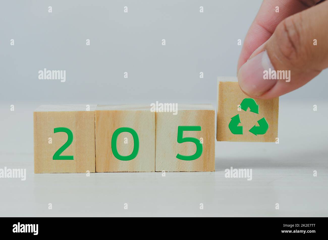 Cubo di legno con 2050 netto zero e carbonio neutro concetto. Foto Stock