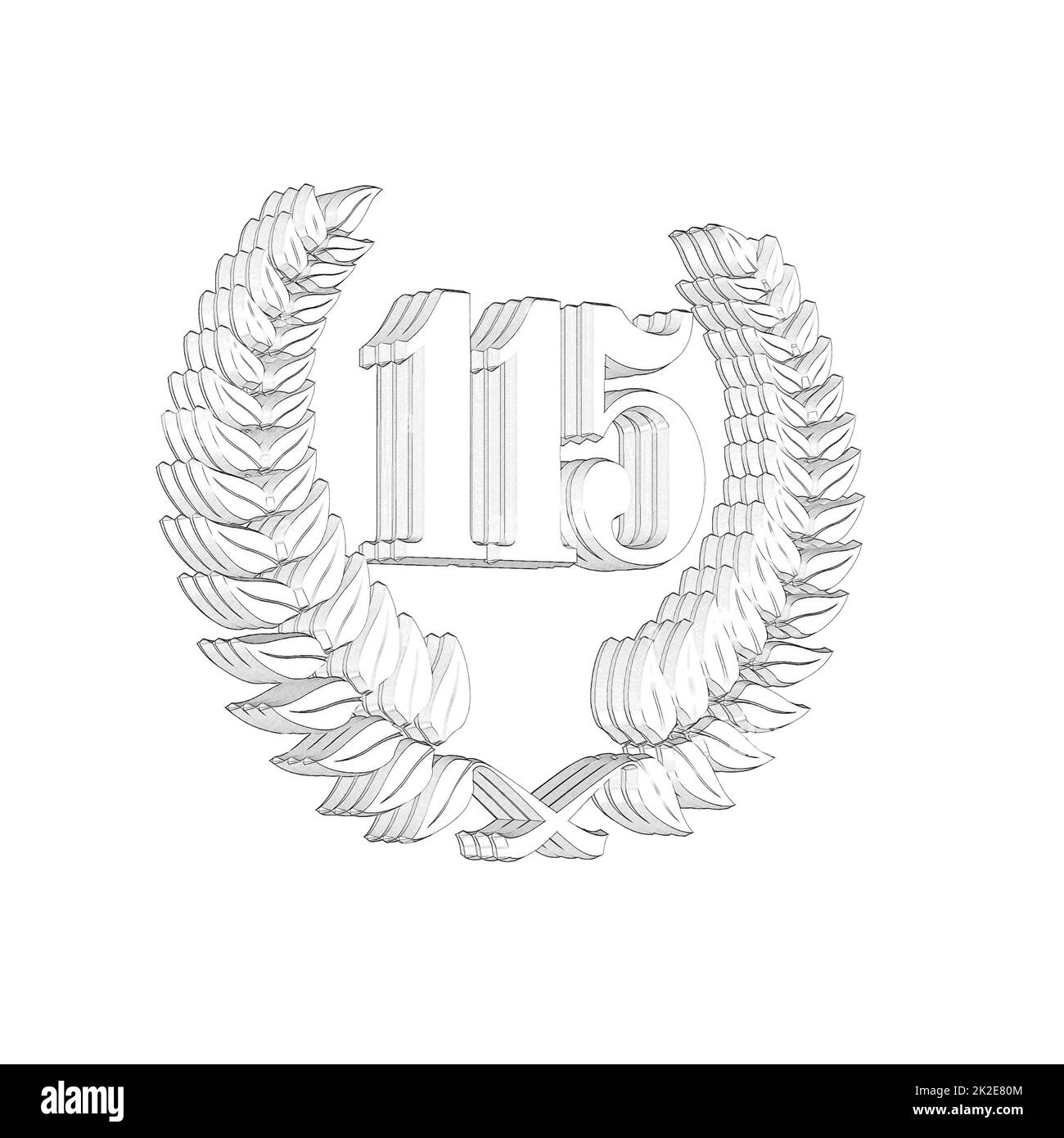 Numero 115 con corona di alloro o corona d'onore come 3D-illustrazione, 3D-rendering Foto Stock