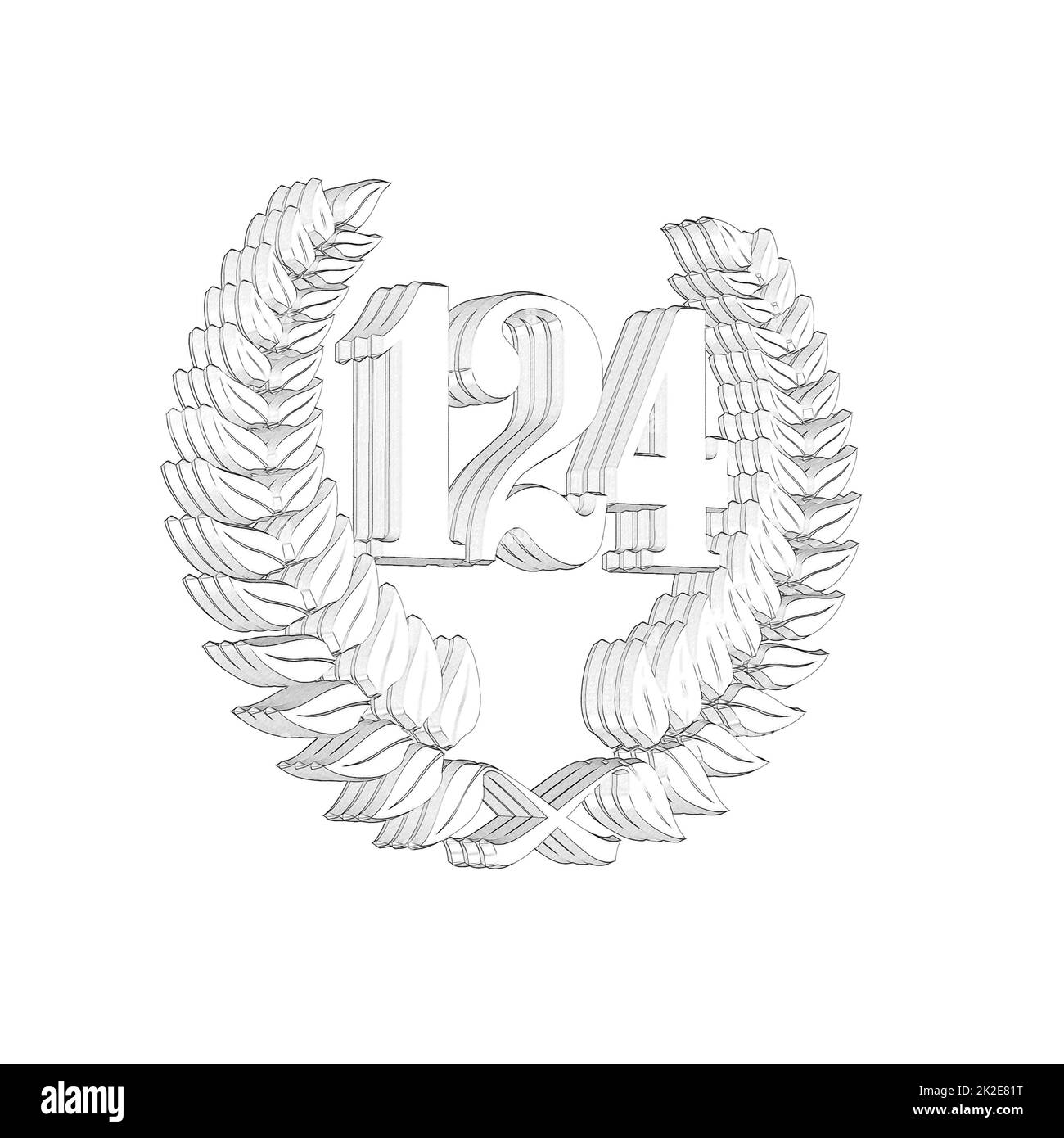 Numero 124 con corona di alloro o corona d'onore come 3D-illustrazione, 3D-rendering Foto Stock