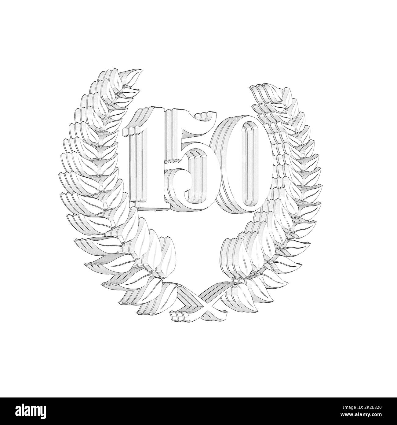 Numero 150 con corona di alloro o corona d'onore come 3D-illustrazione, 3D-rendering Foto Stock