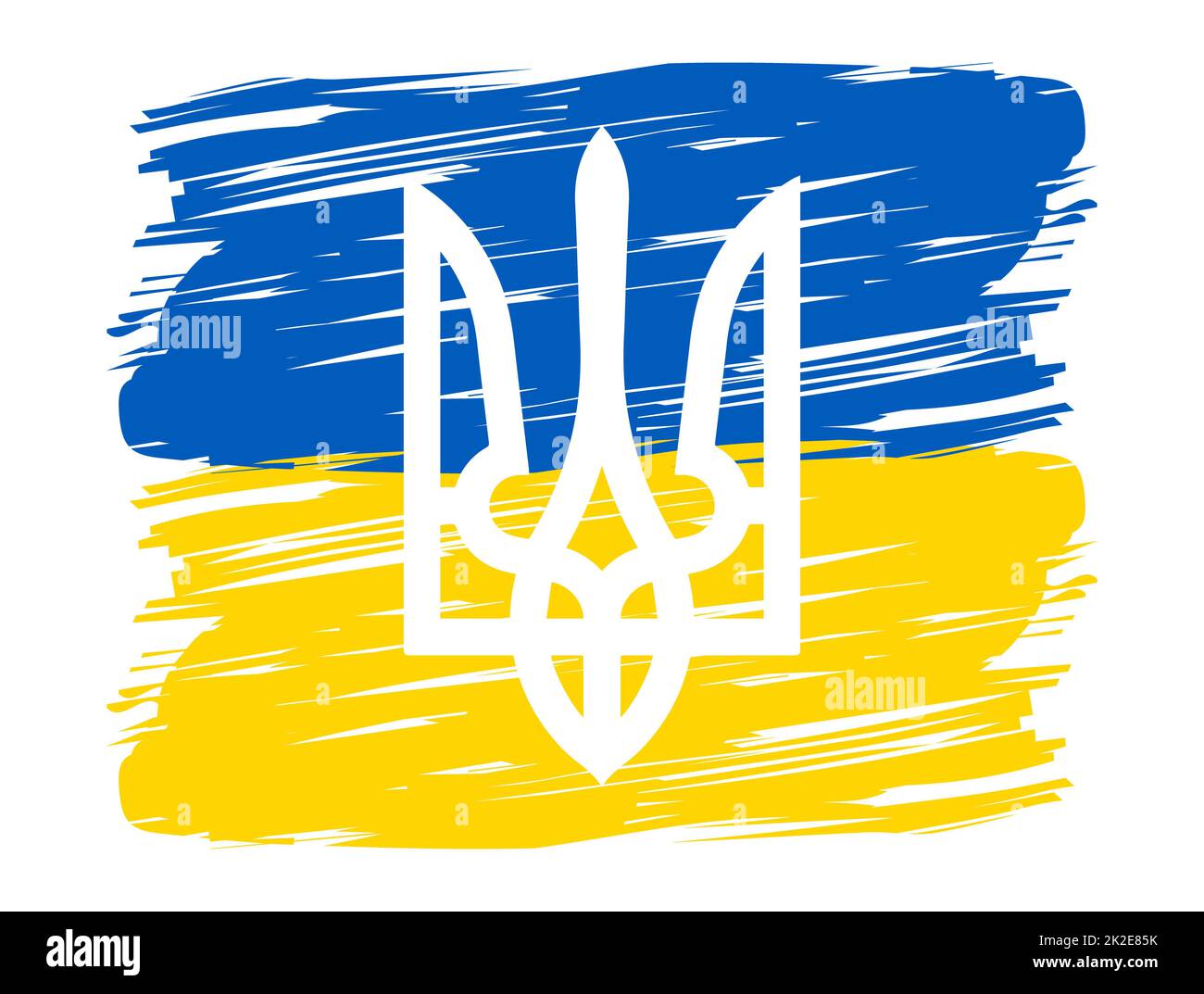 Trident sullo sfondo della bandiera nazionale vernice. Concetto di crisi militare Ucraina e russa, conflitto tra Ucraina e Russia. Sostenere l'Ucraina. Nessuna guerra in Ucraina vettore poster. Foto Stock