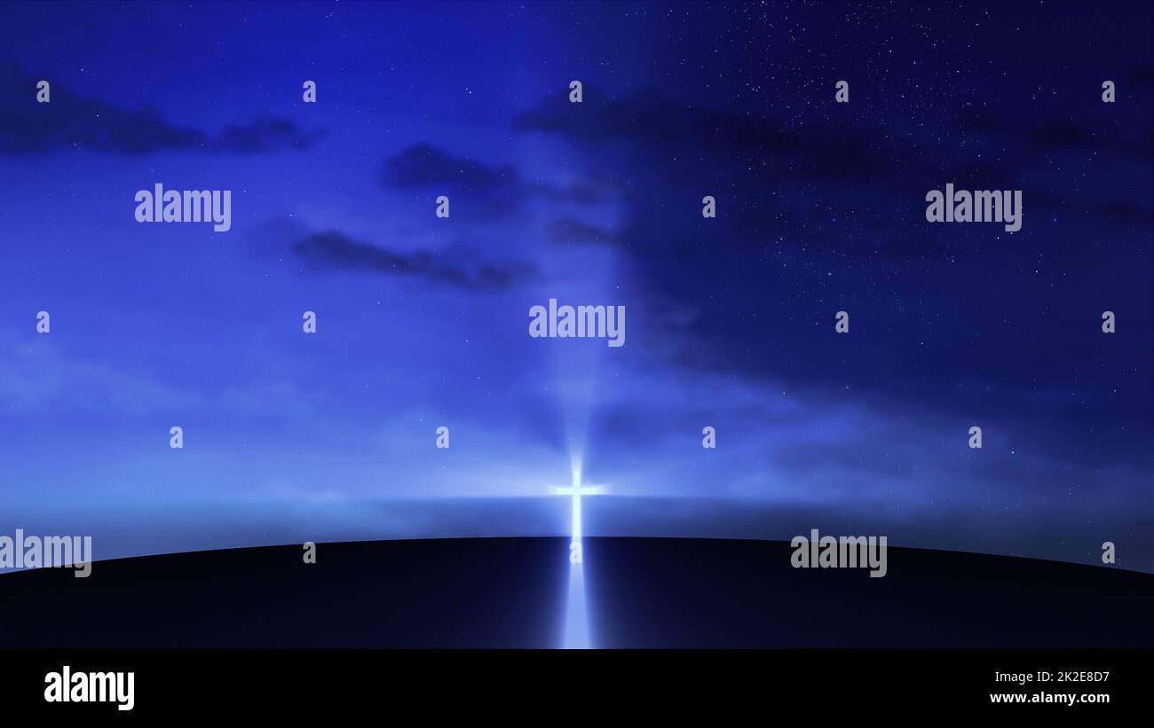 Croce luminosa sulla collina con le nuvole che si muovono sul cielo stellato Foto Stock