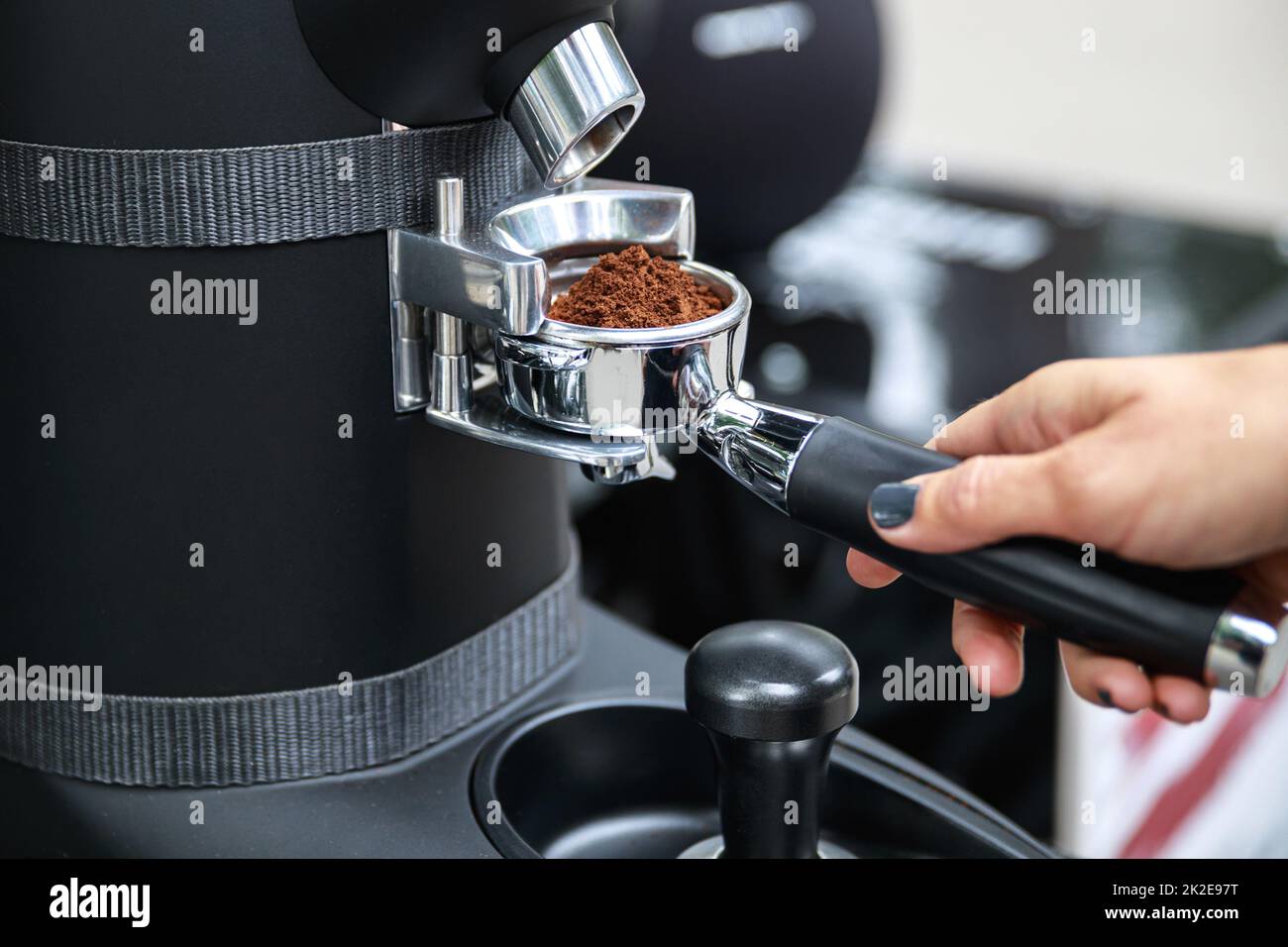 Il barista macina i chicchi di caffè nel portafiltro Foto Stock