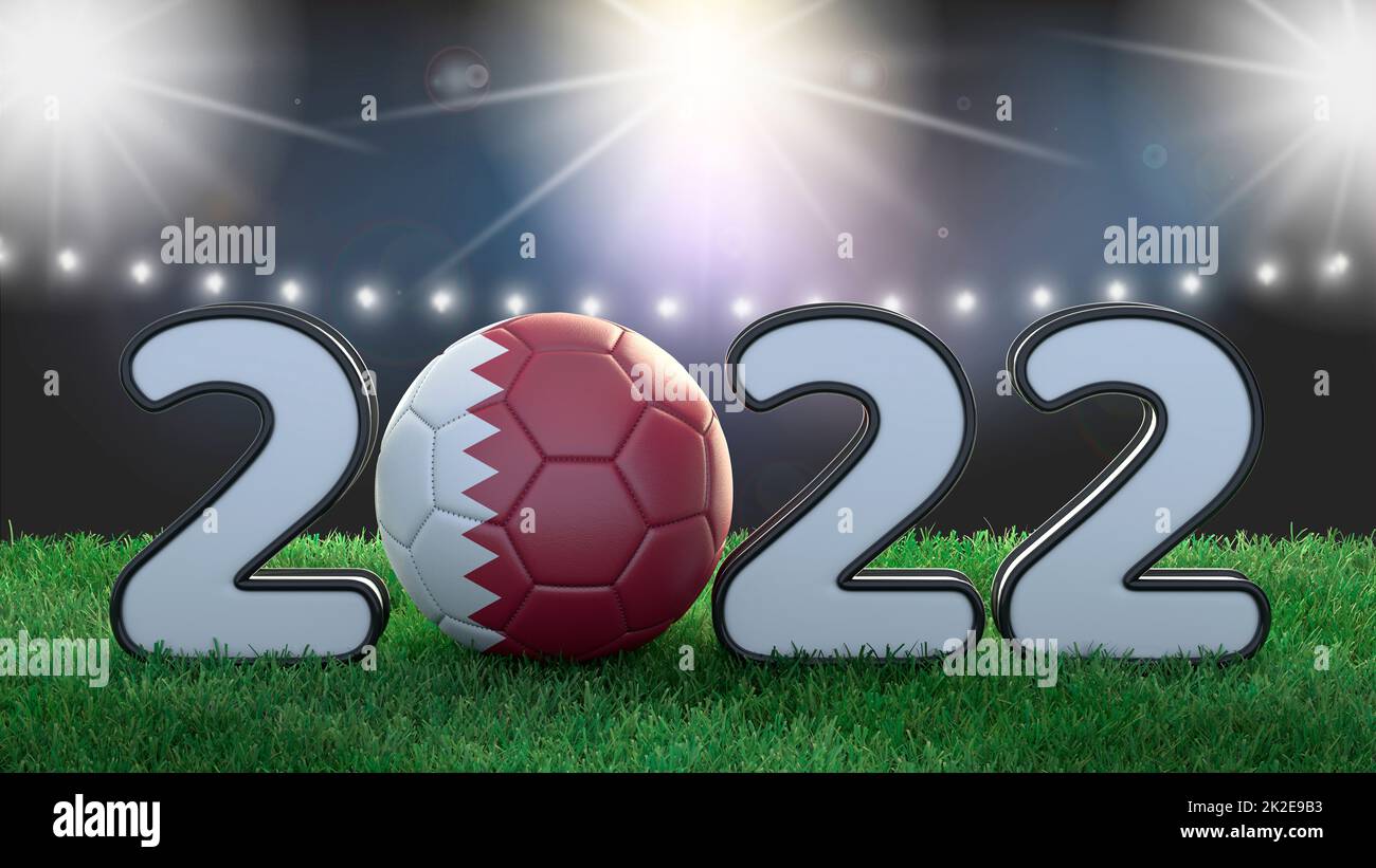 Calcio 2022 illustrazione. Pallone da calcio nei colori della bandiera Qatari. Sfondo luminoso dello stadio. Immagine 3D Foto Stock