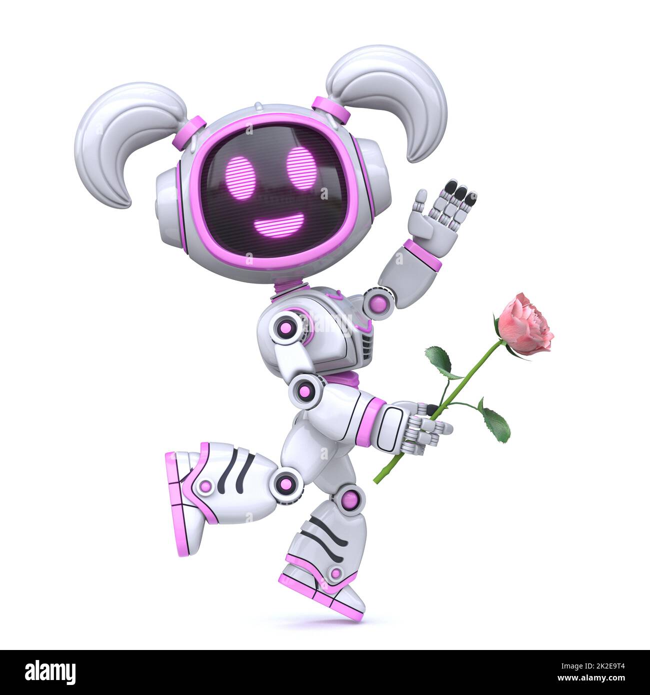 Cute rosa ragazza robot in amore tenere rosa 3D Foto Stock