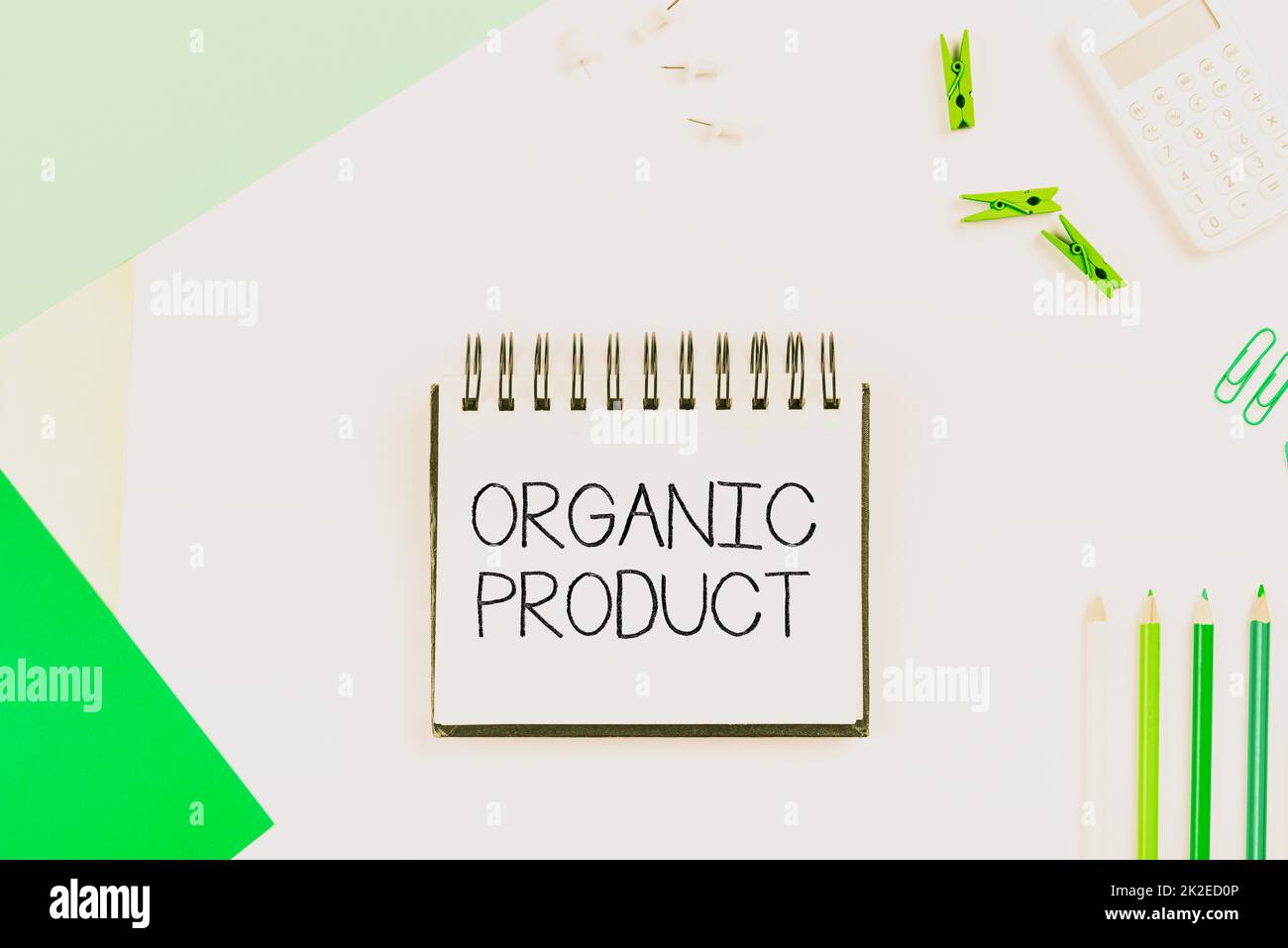 Segno di testo che mostra il prodotto biologico. Business approccio fatto da materiali prodotti da agricoltura biologica molteplici assortiti Collezione Ufficio Stationery Foto messo sopra tavolo Foto Stock