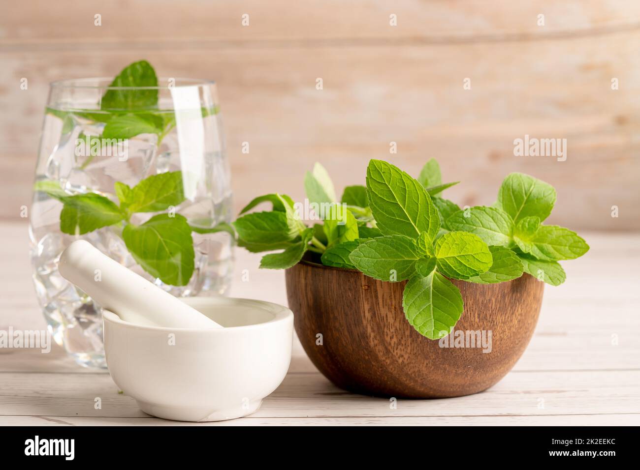 Medicina alternativa erbe erbe organiche foglie di menta integratori naturali per una buona vita sana. Foto Stock