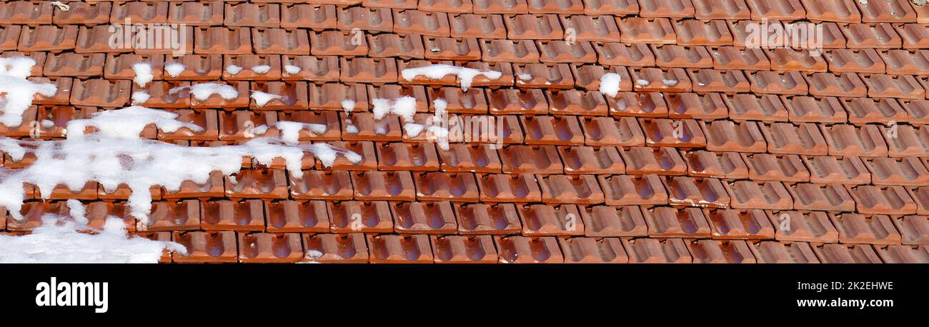 Quando arriva la primavera, la neve comincia a sciogliersi, la neve sul tetto comincia a sciogliersi Foto Stock
