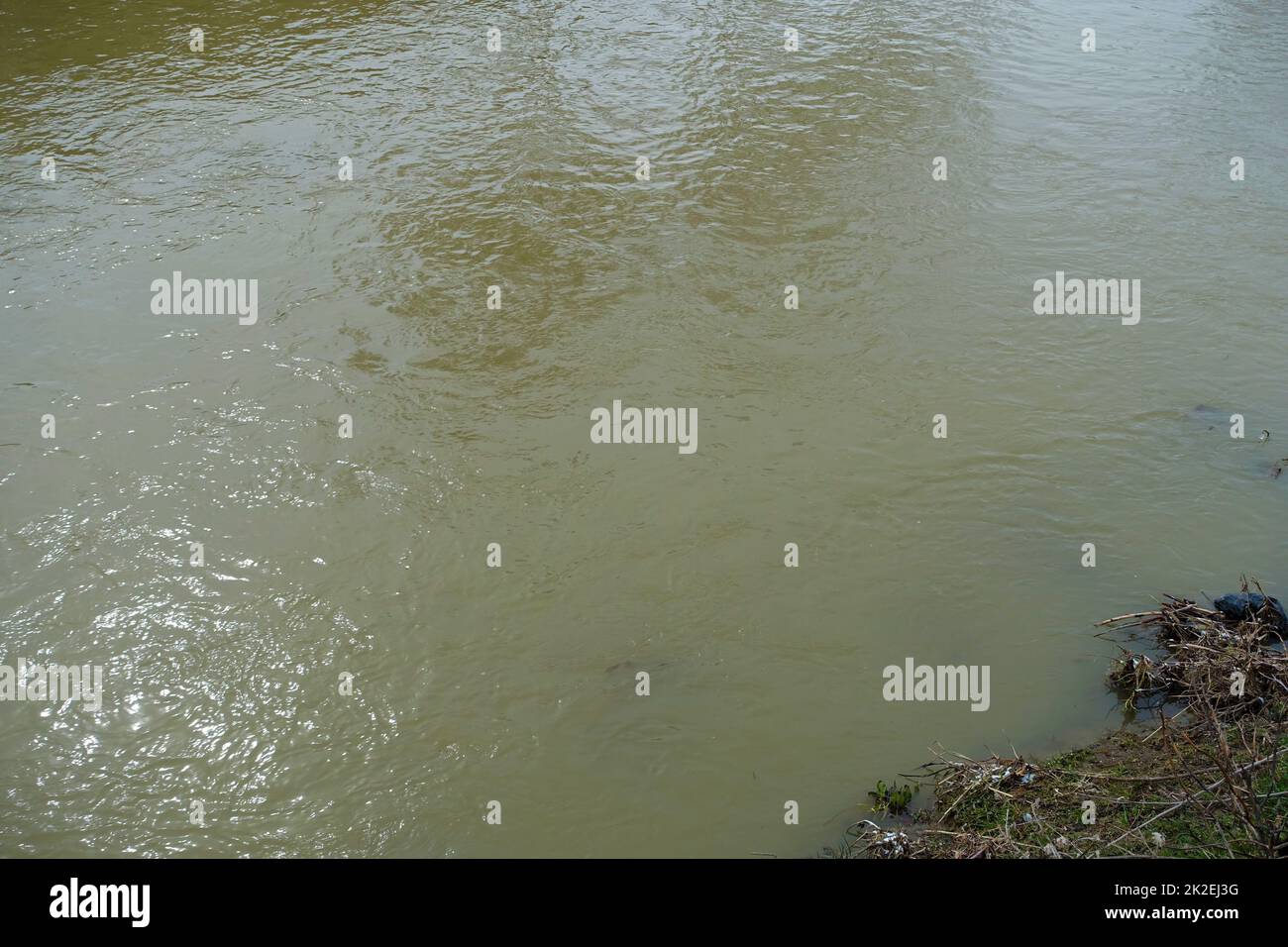Il fiume la cui acqua è aumentata dall'acqua piovana, le acque di un fiume fluiscono turbinamente, i fiumi fluiscono in primavera Foto Stock