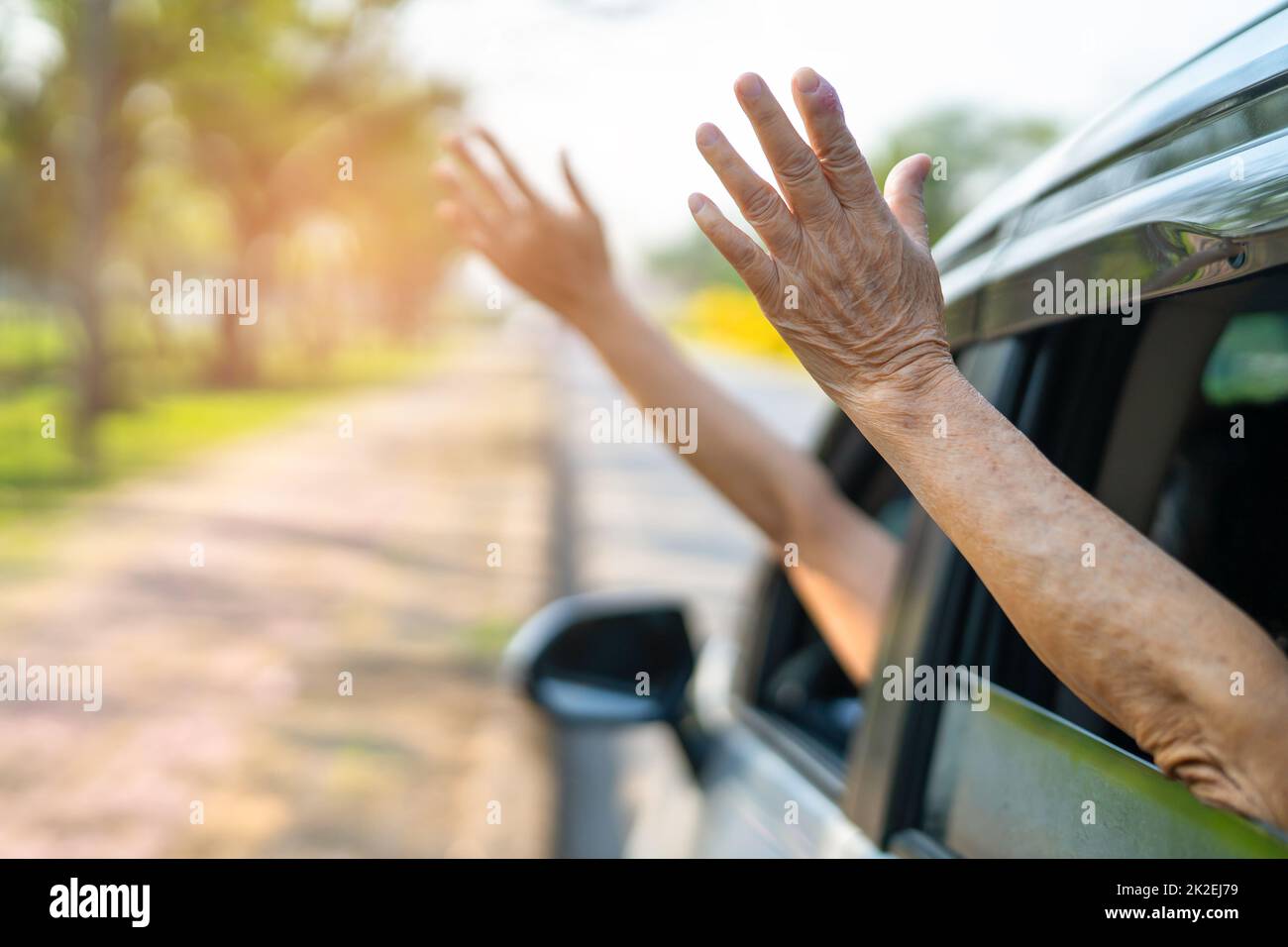 Buon divertimento e libertà in viaggio con mano rialzata fuori dalla finestra auto in vacanza estiva Foto Stock