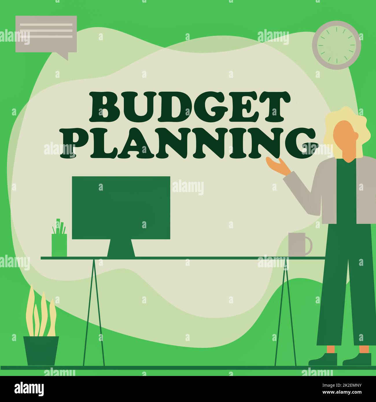 Testo di scrittura a mano Pianificazione del budget. Business idea la descrizione scritta sulle spese correnti e future Woman Standing Office utilizzando laptop con Speech Bubble accanto a Plant Vase. Foto Stock