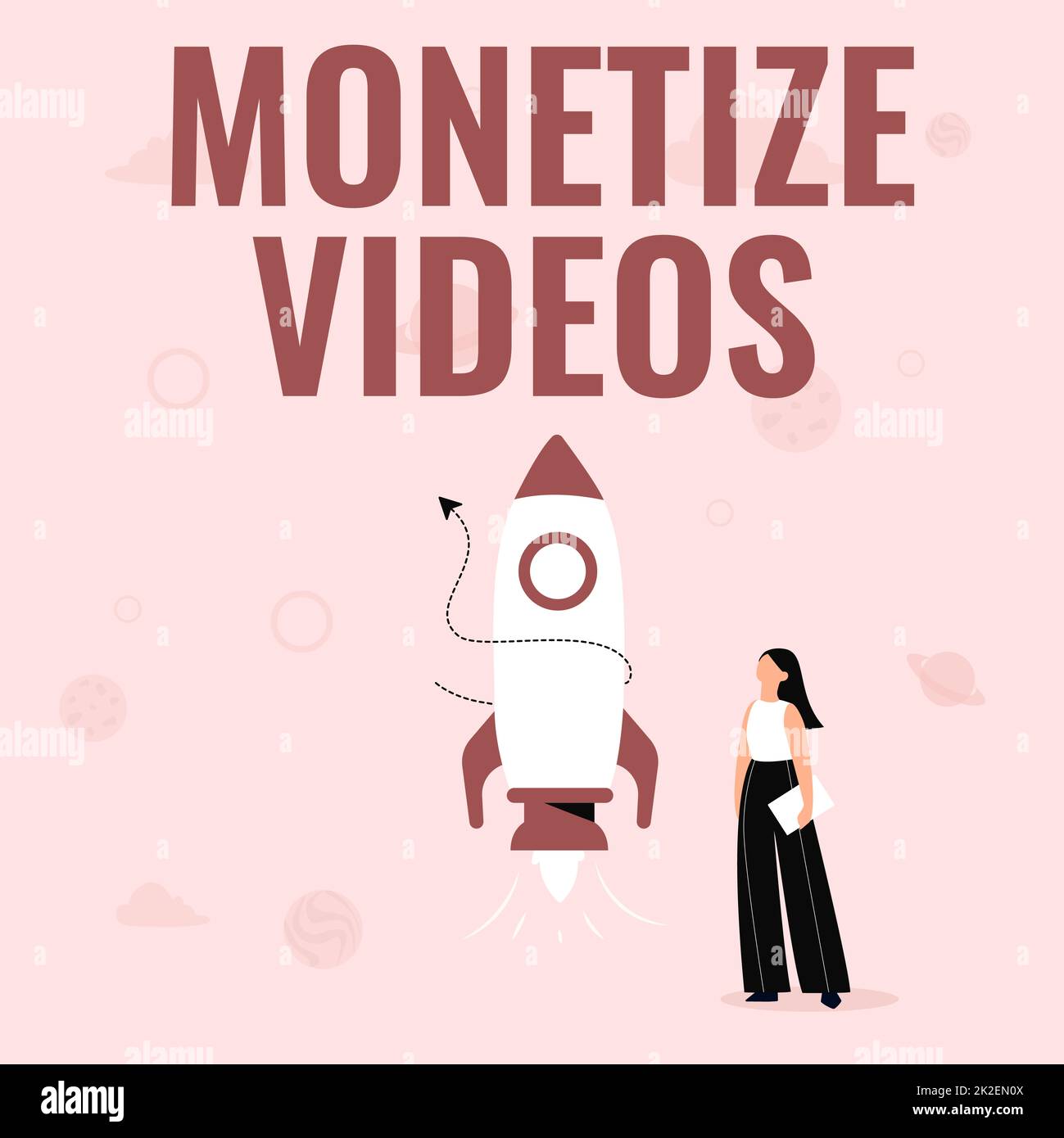 Visualizzazione concettuale Monetizza video. Parola per il processo di guadagnare denaro dai tuoi video caricati su YouTube Illustrazione di ragazza casual in piedi accanto a Rocket Ship Pronto per il lancio Foto Stock