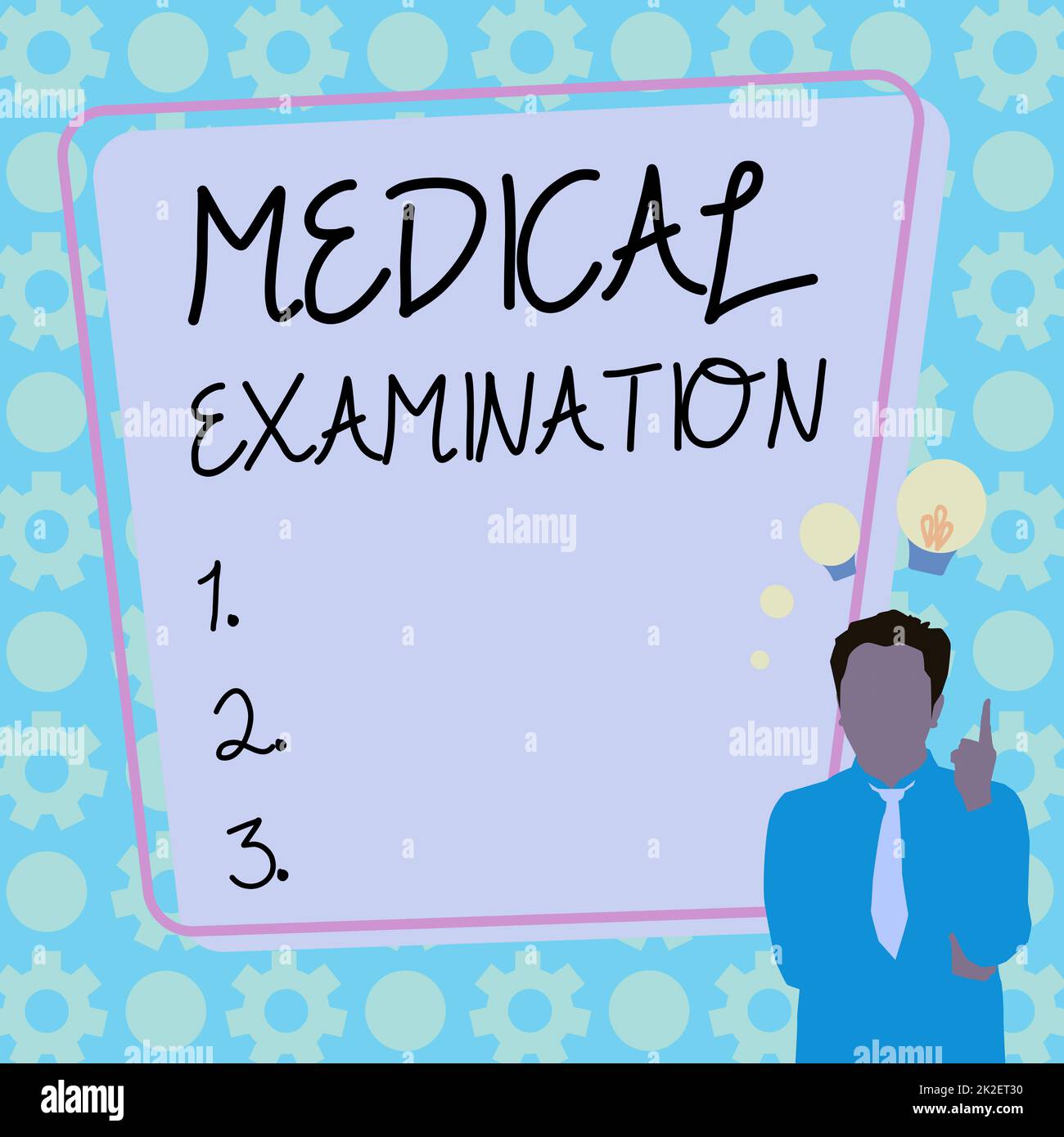 Scrittura visualizzazione testo esame medico. Business Overview Checkup effettuato per determinare la forma fisica Illustrazione di Un uomo d'affari in piedi venendo con nuove idee sorprendenti. Foto Stock