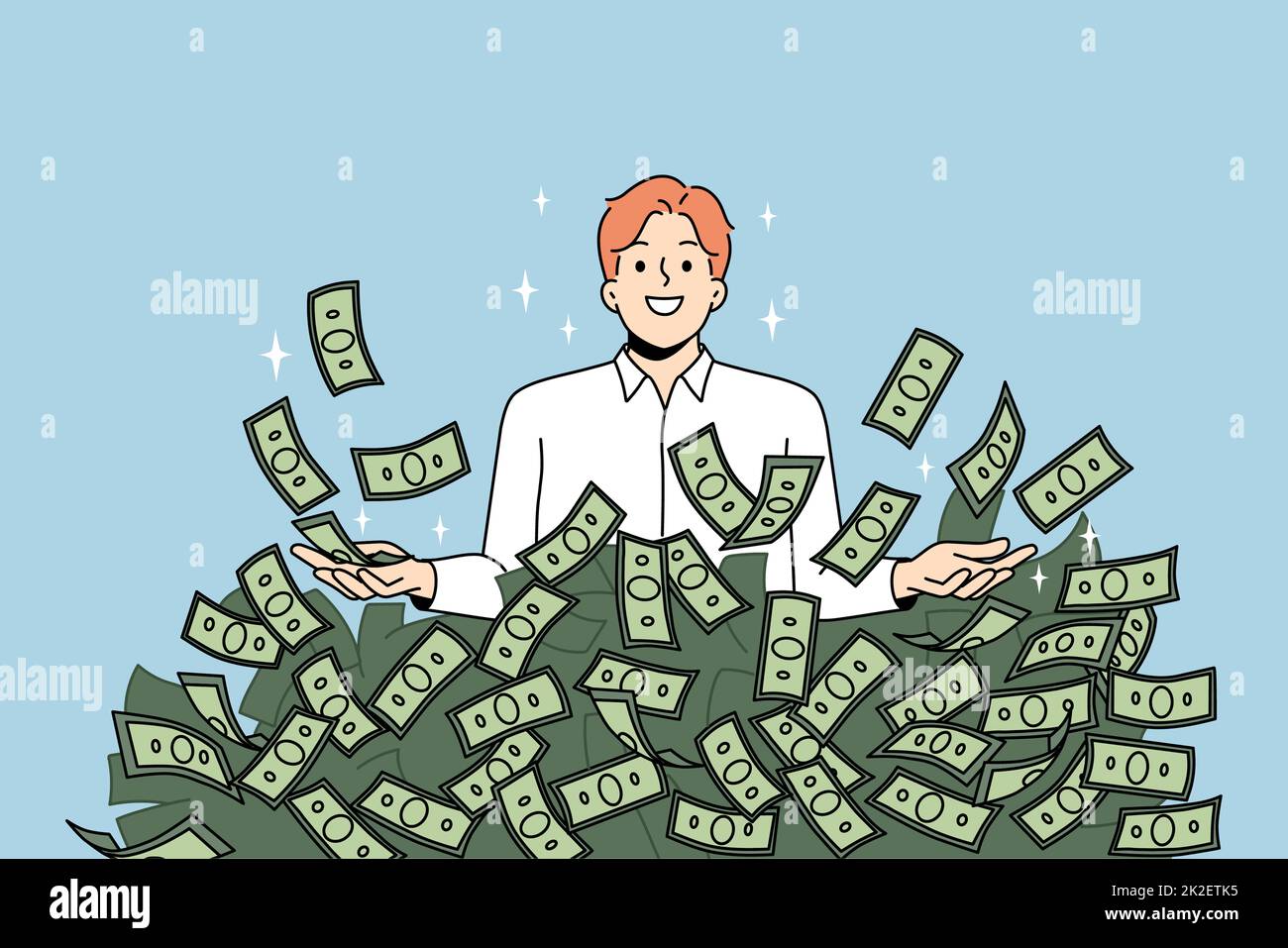 Uomo d'affari sorridente in pile di banconote in dollari Foto Stock