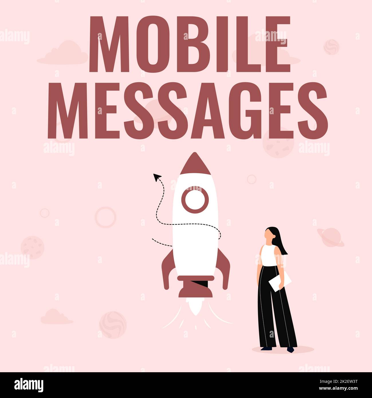 Scrittura visualizzazione di messaggi di testo da cellulare. Business Approach l'atto di comporre e inviare messaggi elettronici Illustrazione di ragazza casuale in piedi accanto a Rocket Ship Pronto per il lancio Foto Stock