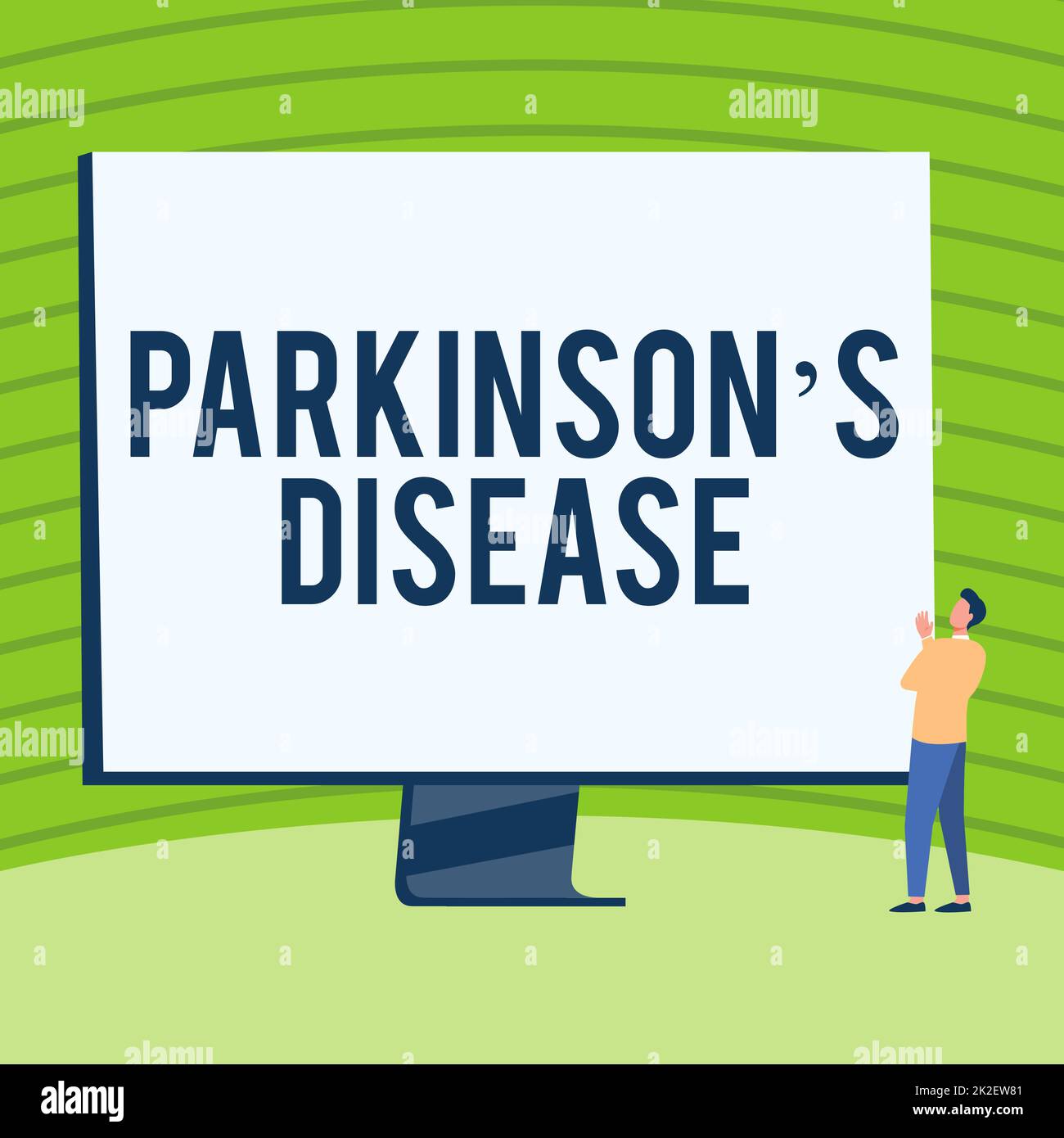 Visualizzazione concettuale il Parkinson è la malattia. Parola scritta sul disordine del sistema nervoso che interessa movimento uomo in piedi disegno guardando il grande schermo che mostra le notizie. Foto Stock