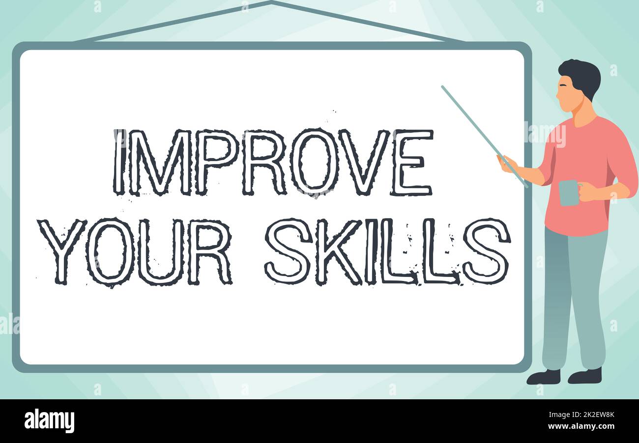 La visualizzazione concettuale migliora le tue abilità. Concetto di affari ottenga più meglio all'hobby di sport o qualcosa che fate scuola istruttore disegno che punta il bastone Whiteboard mentre tiene la tazza. Foto Stock