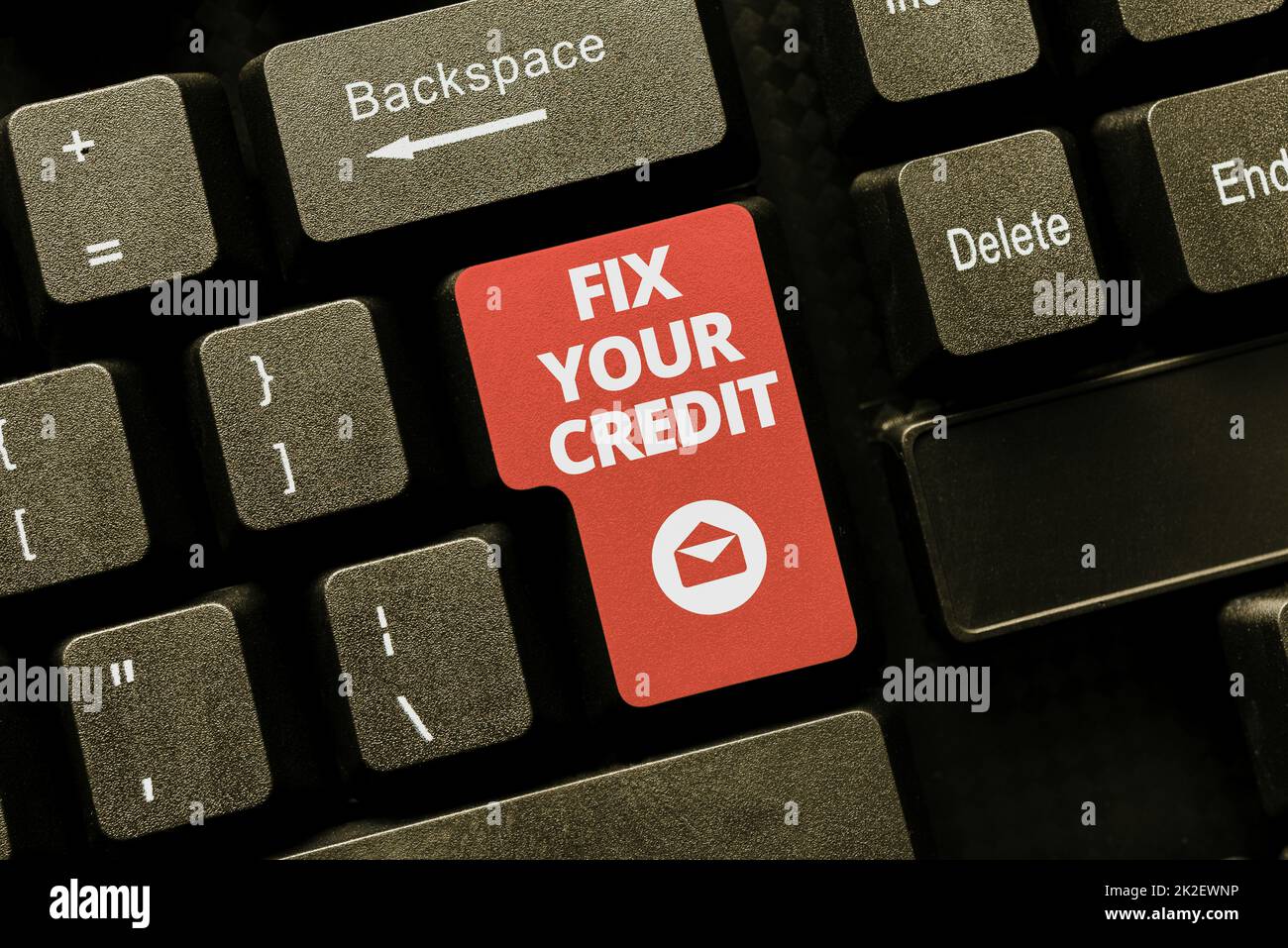 Didascalia concettuale Correggi il tuo credito. Parola scritta su migliorare o aumentare la tua valutazione o punteggio per ottenere denaro prestito o ipoteca entrare nuovo concetto chiave di prodotto, digitando Movie Subtitle Software Foto Stock