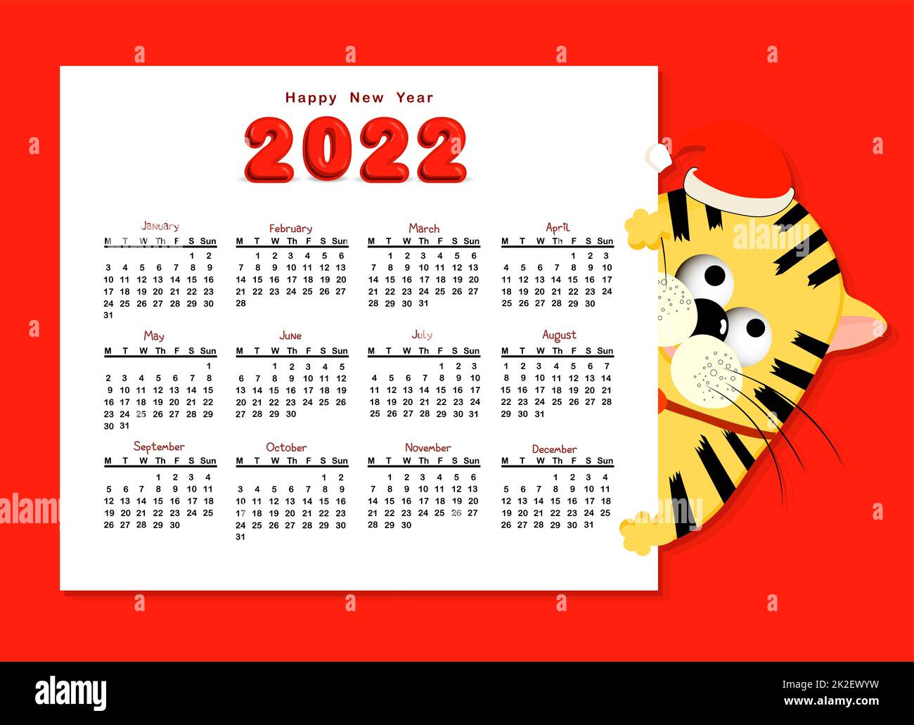 Divertente calendario per i bambini per il 2022. Anno del simbolo della tigre 2022. Illustrazione del vettore. Programma, settimanale Foto Stock