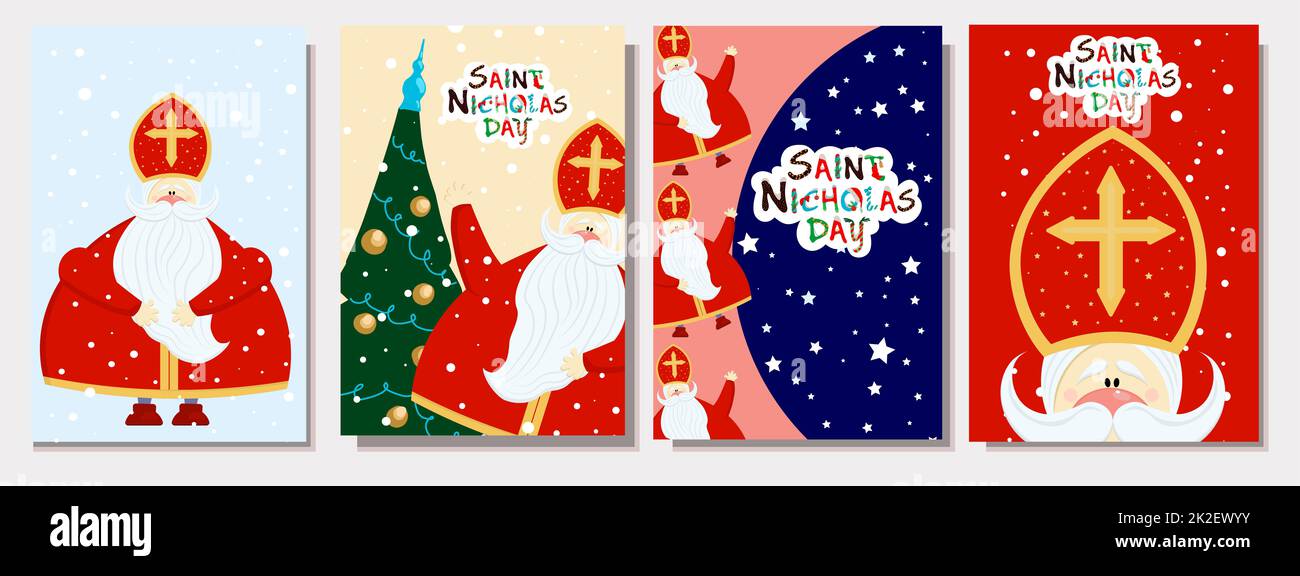 Un set di cartoline per il giorno di san nicola. Sinterklaas vigilia. Illustrazione vettoriale. Sacerdote in una mitra rossa. Vacanza religiosa invernale per bambini. Cristianesimo Foto Stock