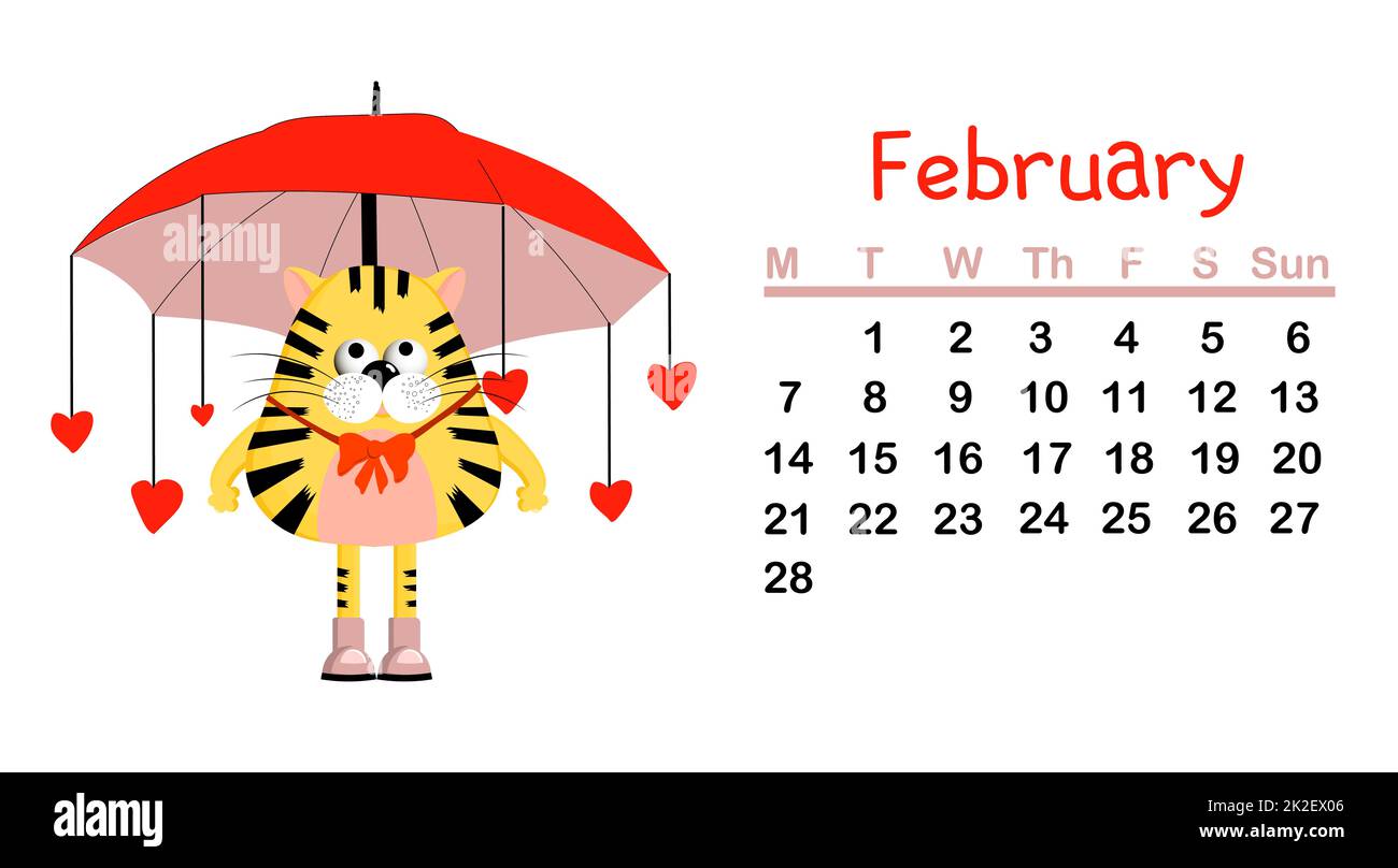 Divertente calendario per i bambini per il 2022. Anno del simbolo della tigre 2022. Illustrazione del vettore. Programma, settimanale Foto Stock