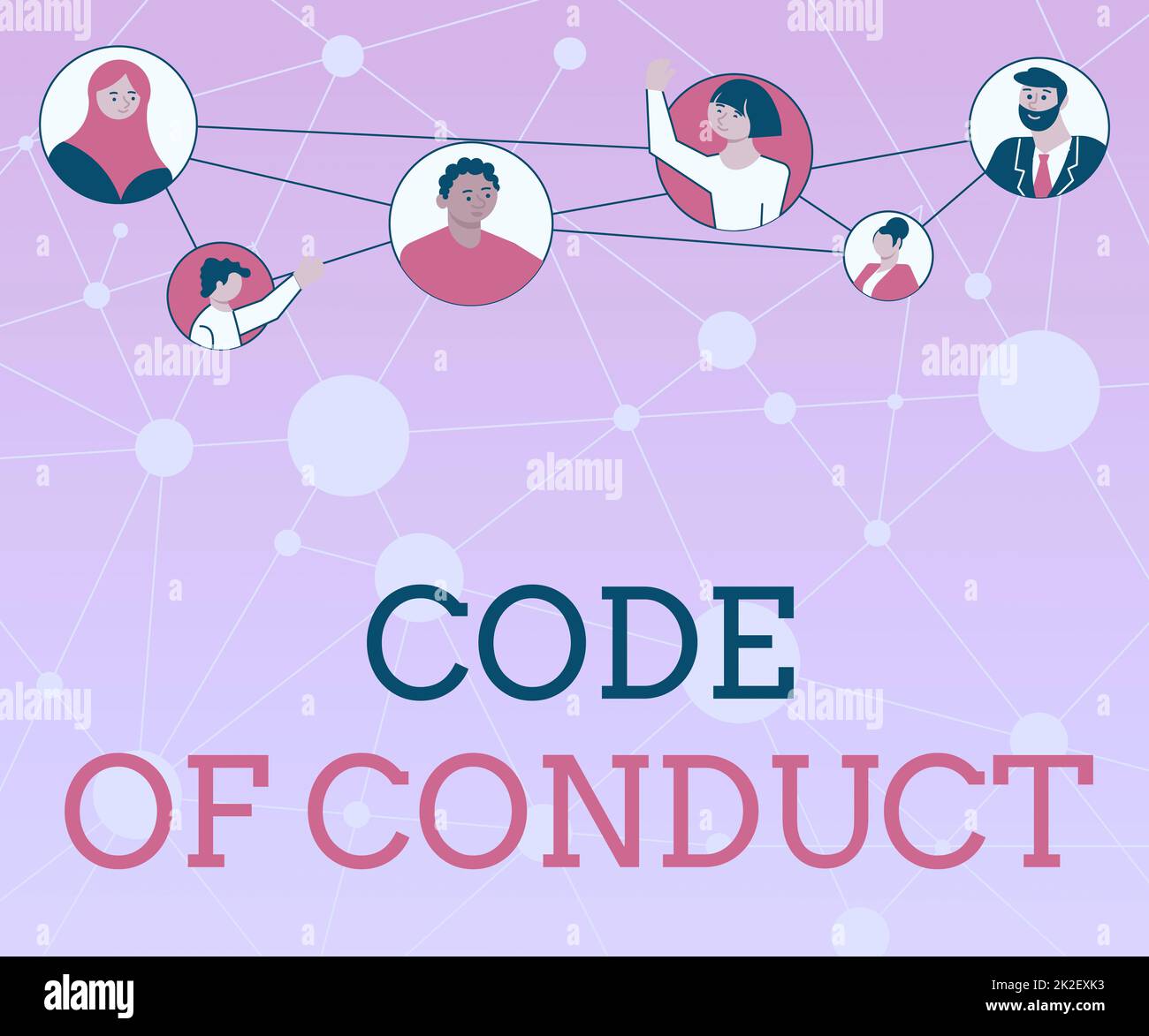 Scrittura di testo Codice di condotta. Business showcase regole etiche codici morali principi etici i valori etici rispettano le diverse persone in circoli che chiacchierano insieme e i social media connessi. Foto Stock