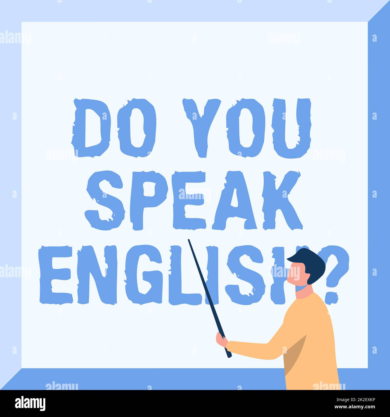 Didascalia concettuale parla inglese domanda. Parola per sapere se la persona può dire inglese istruttore disegno bastone di tenuta che indica la scheda di puntamento che mostra le nuove lezioni. Foto Stock