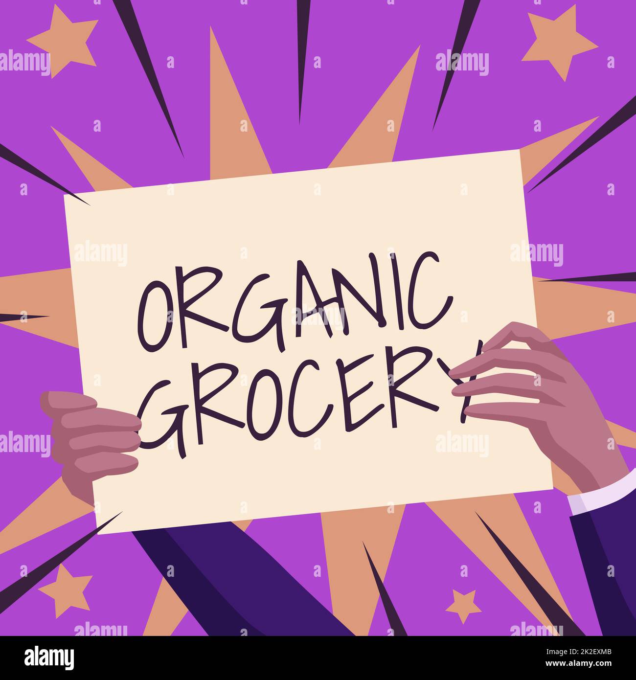 Scrittura a mano testo Grocery organico. Concettuale mercato fotografico con alimenti coltivati senza l'uso di fertilizzanti mani Holding carta mostrando nuove idee circondato da stelle. Foto Stock