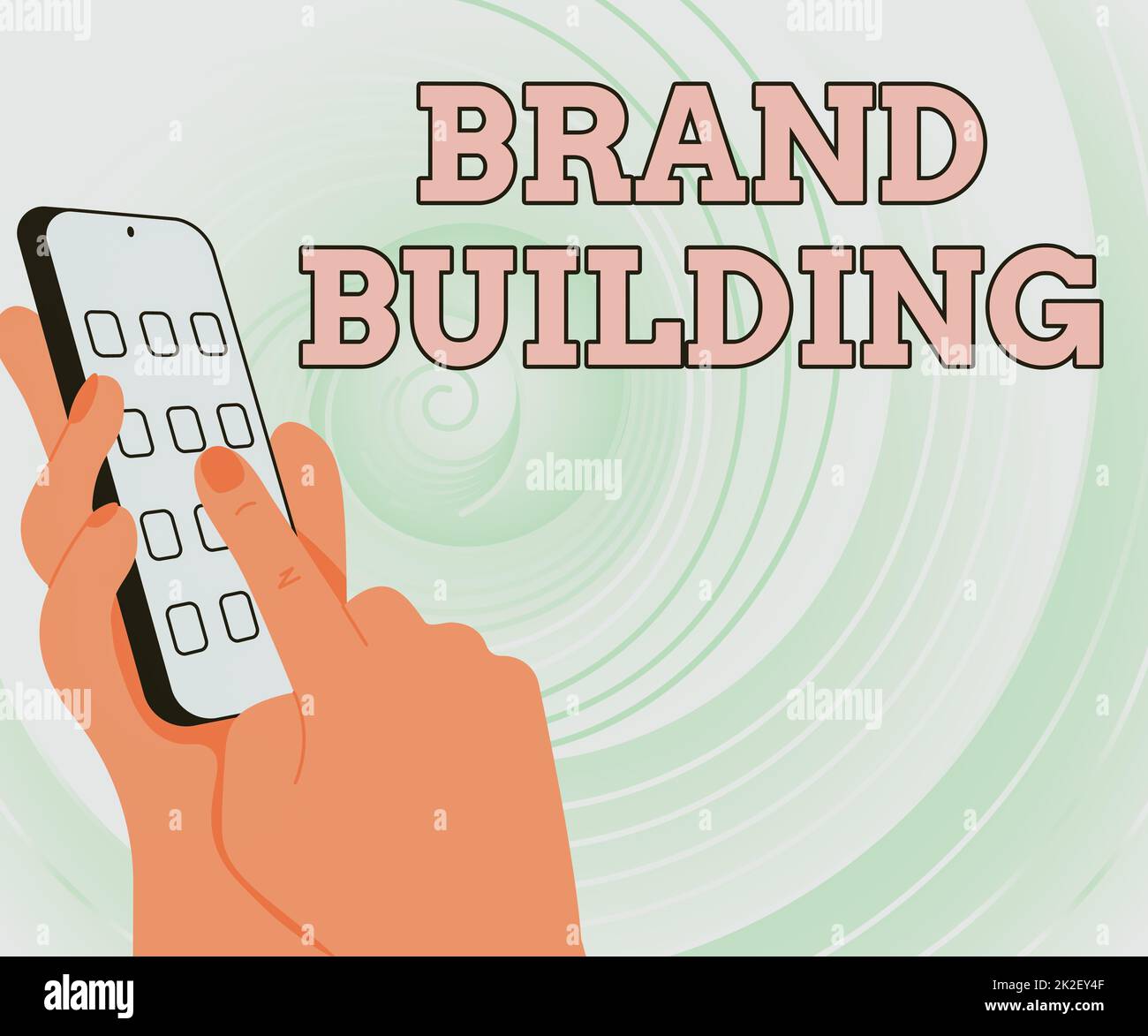 Cartello che mostra Brand Building. Idea di business generare consapevolezza stabilire e promuovere l'azienda Hands Holding dispositivo tecnologico premendo il pulsante applicazione. Foto Stock